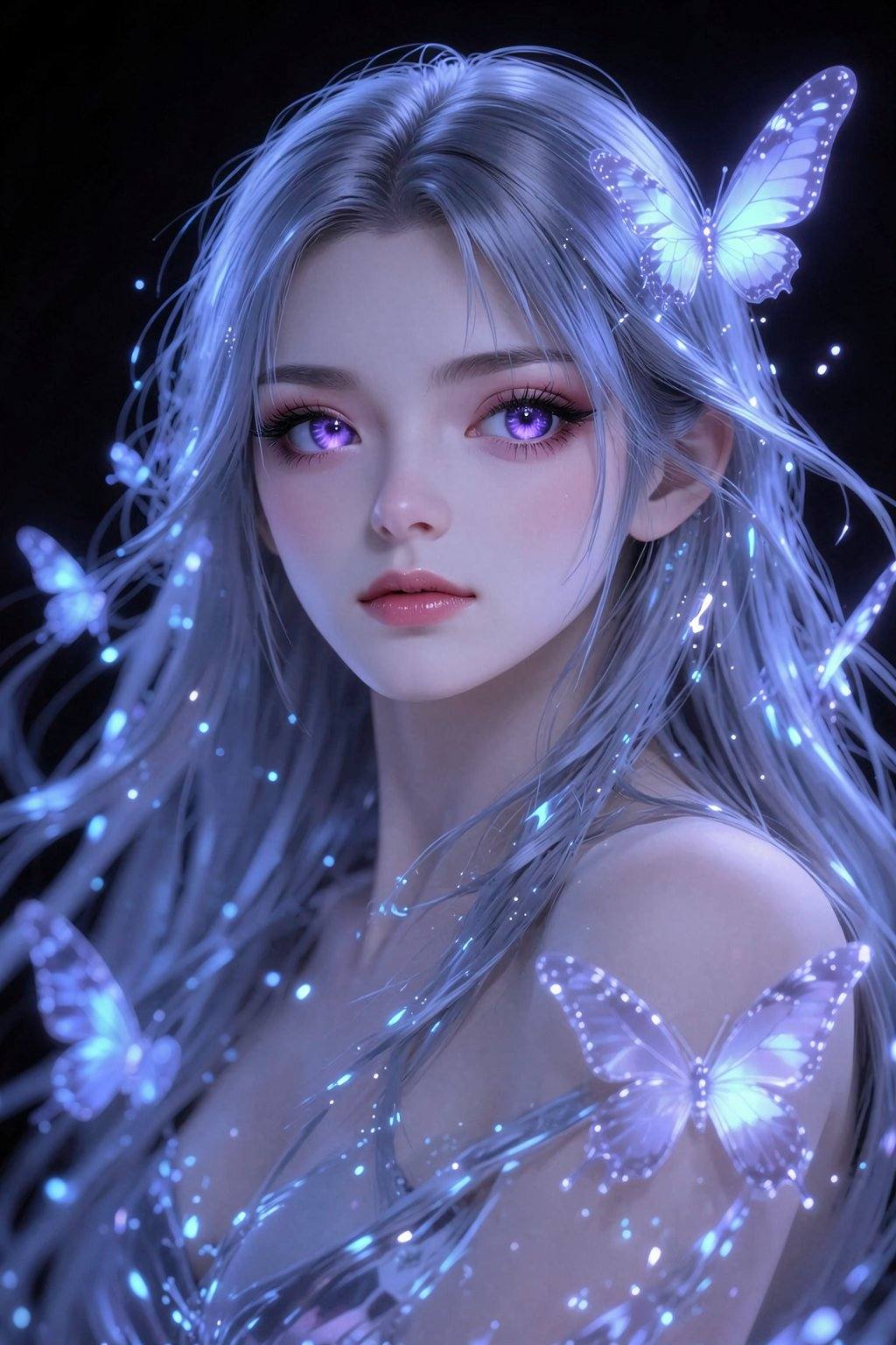 <lora:20260210_TinFlux2KleinAnimeLora2:1>, This is a highly detailed digital artwork of a young woman with ethereal features, resembling a fantasy character. She has fair, porcelain skin, large, expressive purple eyes, and long, flowing silver hair that blends with sparkling, luminescent butterflies and glowing particles. Her lips are painted a soft pink. The background is dark, making her luminous appearance stand out. The style is reminiscent of modern digital fantasy art, with a dreamy, otherworldly atmosphere.
