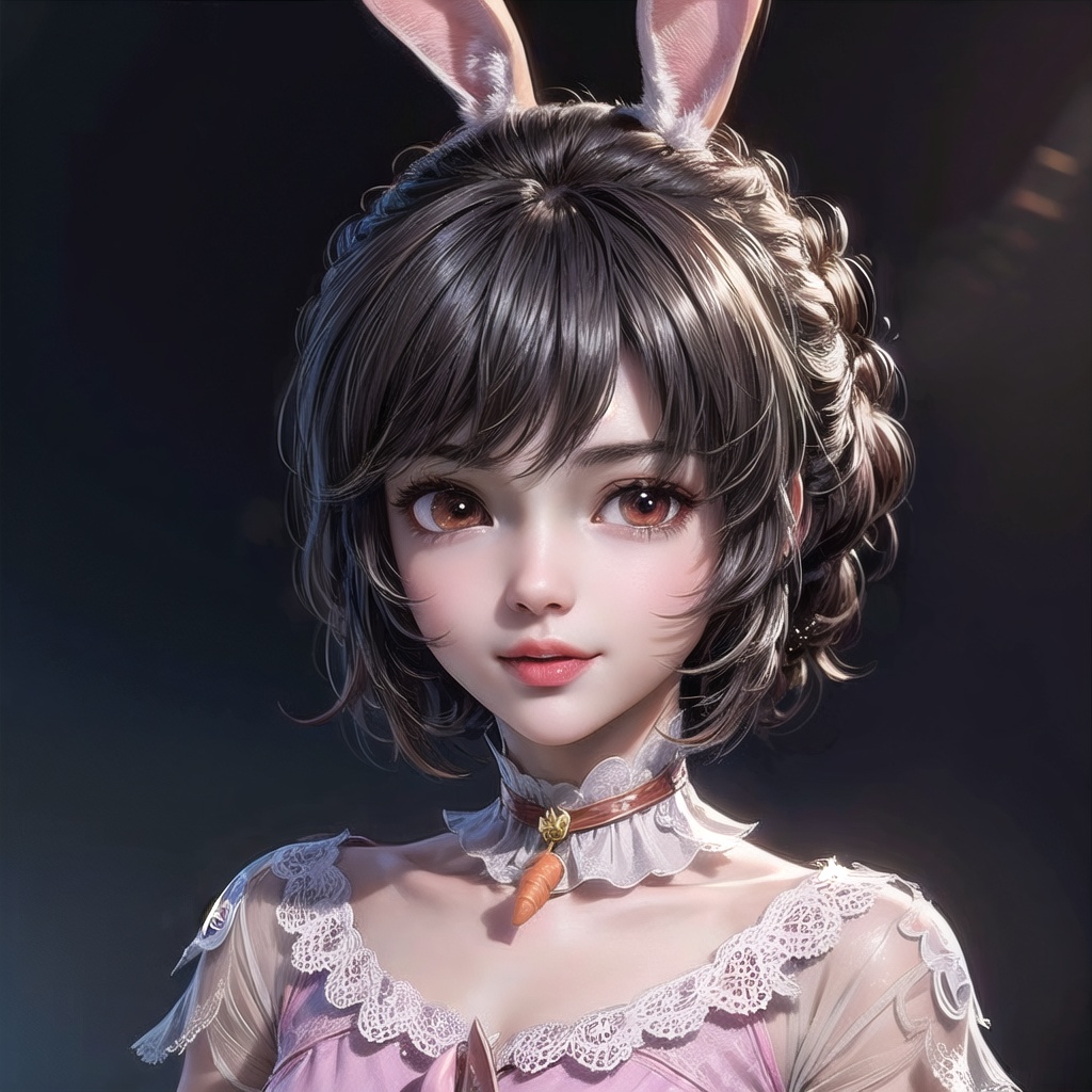 masterpiece,best quality,illustration,anime,simple gray background,upper body,smile,tongue out,akanbe,:p,xiaowu,1girl,loli,animal ears,solo,brown hair,rabbit ears,pink dress,carrot,brown eyes,upper body,looking at viewer,short hair,lips,dress,collar,choker,closed mouth,<lora:xiaowu_20240306204015:0.7>,<lora:add_detail:1>,