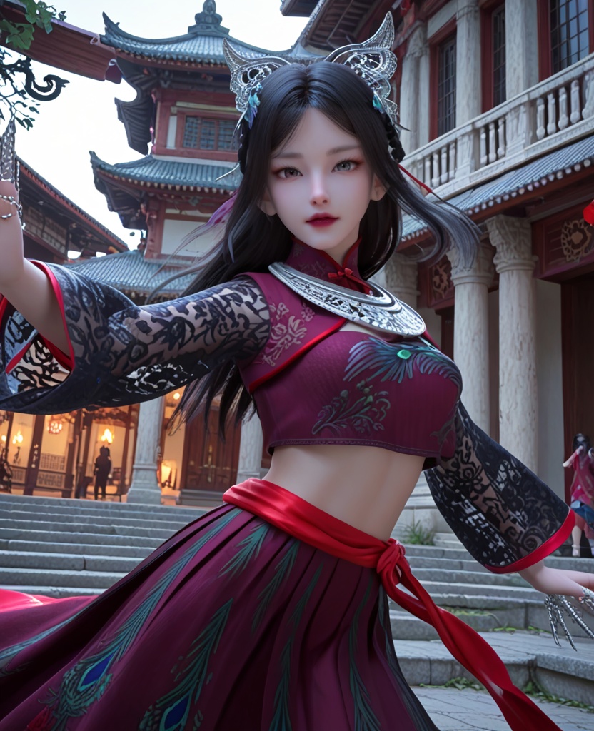 (oriental architecture, elegant decor, sophisticated style:1.1),(dancing,jumps:1.1),(breasts:1.2),<lora:XL少年歌行慕雨墨:0.95>,miss muyvmo,red crop top,pleated skirt,black hair,hair ornament,long hair,silver collar,black lace long sleeves,claw ring,heterochromatic eyes,lips,midriff,, score_9,score_8_up,score_7_up,score_6_up,score_5_up,score_4_up,3d rendering,tag1,tag2, Cinematic Lighting,backlighting,