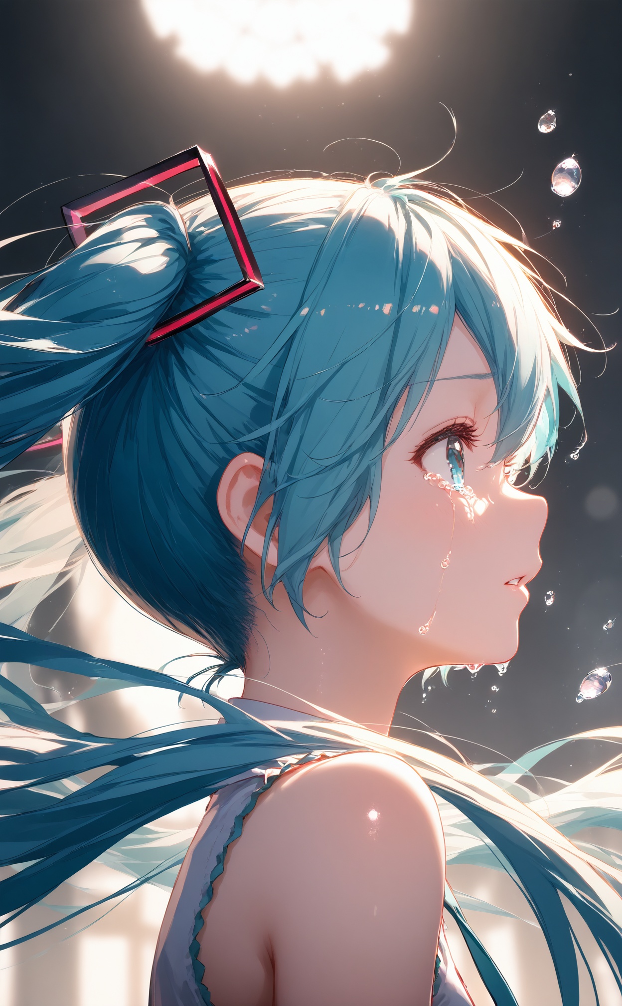 masterpiece,best quality,high quality,loli,chromatic_aberration,//,illustration,ultra detailed,hdr,Depth of field,(colorful),1girl,solo,hatsune miku,long hair,twintails,profile,blue hair,crying,tears,bubble,from side,eyelashes,blue eyes,crying with eyes open,blurry,upper body,parted lips,bangs,bokeh,portrait,close-up,water drop,aqua eyes,hair ornament,depth of field,bare shoulders,aqua hair,//,year_2023,year_2024,//,official art,depth of field,detailed light,blurry background,cinematic lighting,ray tracing,ultra detailed,god rays,backlighting,photo background,film grain,chromatic aberration,volumetric lighting,depth of field,blurry background,shiny skin,floating hair,cinematic lighting,day,very aesthetic,<lora:rouhe——【noob】hans:1>,