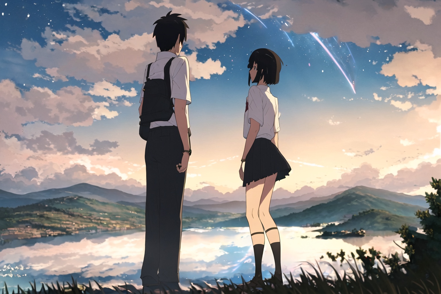 dream,New Haicheng Animation Style,1girl,short hair,skirt,black hair,1boy,school uniform,outdoors,sky,socks,cloud,kneehighs,night,couple,star \(sky\),night sky,scenery,starry sky,shooting star,miyamizu mitsuha,