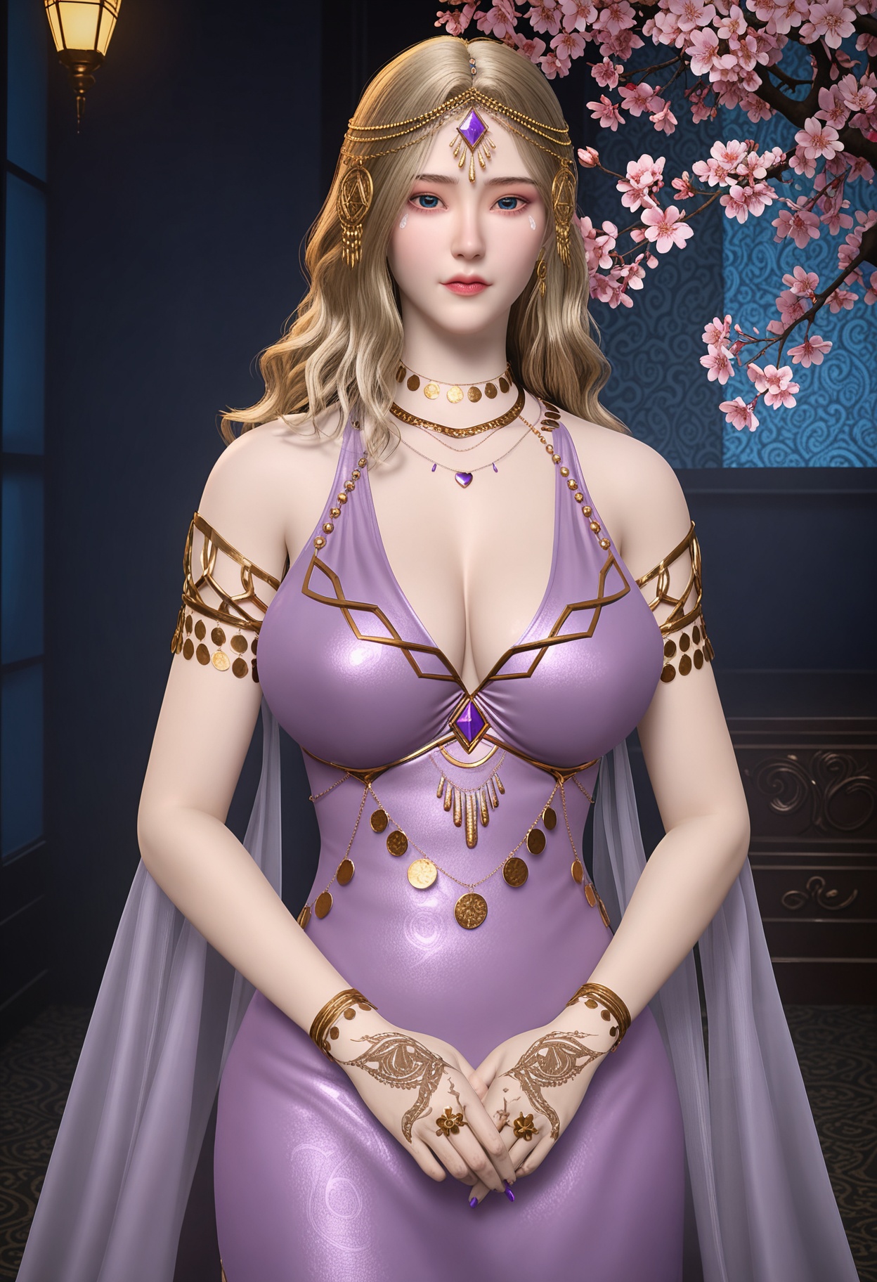 (gigantic breasts:0.8),(Perky boobs:1.3),(upper_body:1.2),(looking at viewer:1.1),facing viewer,direct gaze,(masterpiece:1.1),(best quality:1.2),(intricate details),(smog:1.3),(Dark room:1.3),(dim lighting:1.3),peach blossom,falling petals,<lora:YQ_Illustrious光辉v5_卡丹_V1:0.8>,1girl,q1528437228,solo,jewelry,blonde hair,long hair,necklace,armlet,gem,hair ornament,circlet,earrings,bracelet,brown hair,ring,head chain,high heels,masterpiece,(best quality),(intricate details:0.9) BREAK (intricate details:0.9),(realistic skin:1.2),masterpiece,best quality,newest,absurdres,hiahres,