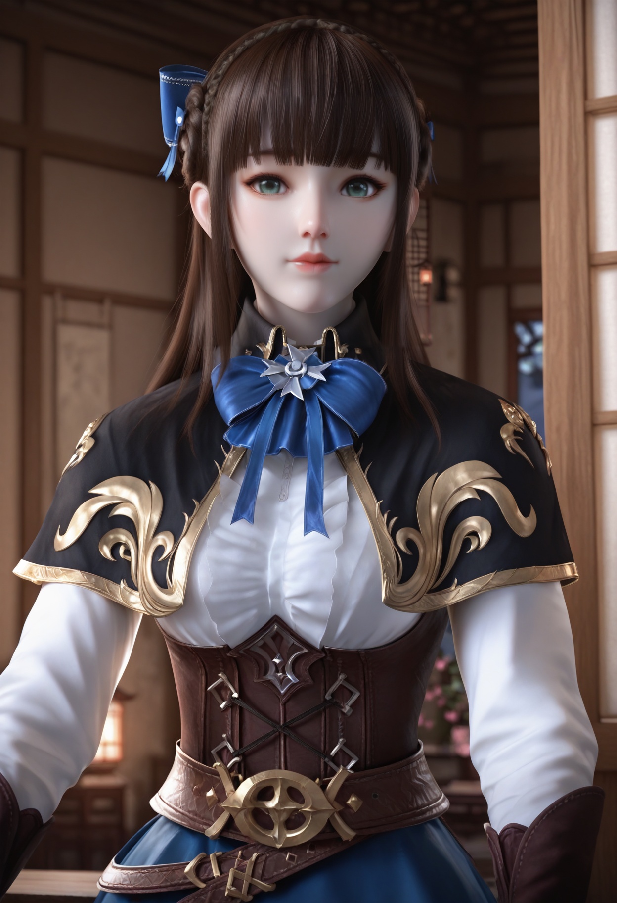Rui_beika,1girl,blurry background,bangs,brown hair,blunt bangs,cowboy shot,braid,green eyes,crown braid,<lora:Rui_beika_10_illu-000014:0.75>,white shirt,brown elbow gloves,corset,blue bow,belt,blue ribbon,long sleeves,hair ribbon,hair bow,capelet,bowtie,blue skirt,photorealistic,hyperrealistic,<lora:realistic filter [IL]:1>,(pale skin),standing,(upper body:1.2),close up,head shot,lantern,open window,looking at viewer,indoors,mountains,blossoms,flowers,east asian architecture,beautiful sunrise,warm ambient temperature,