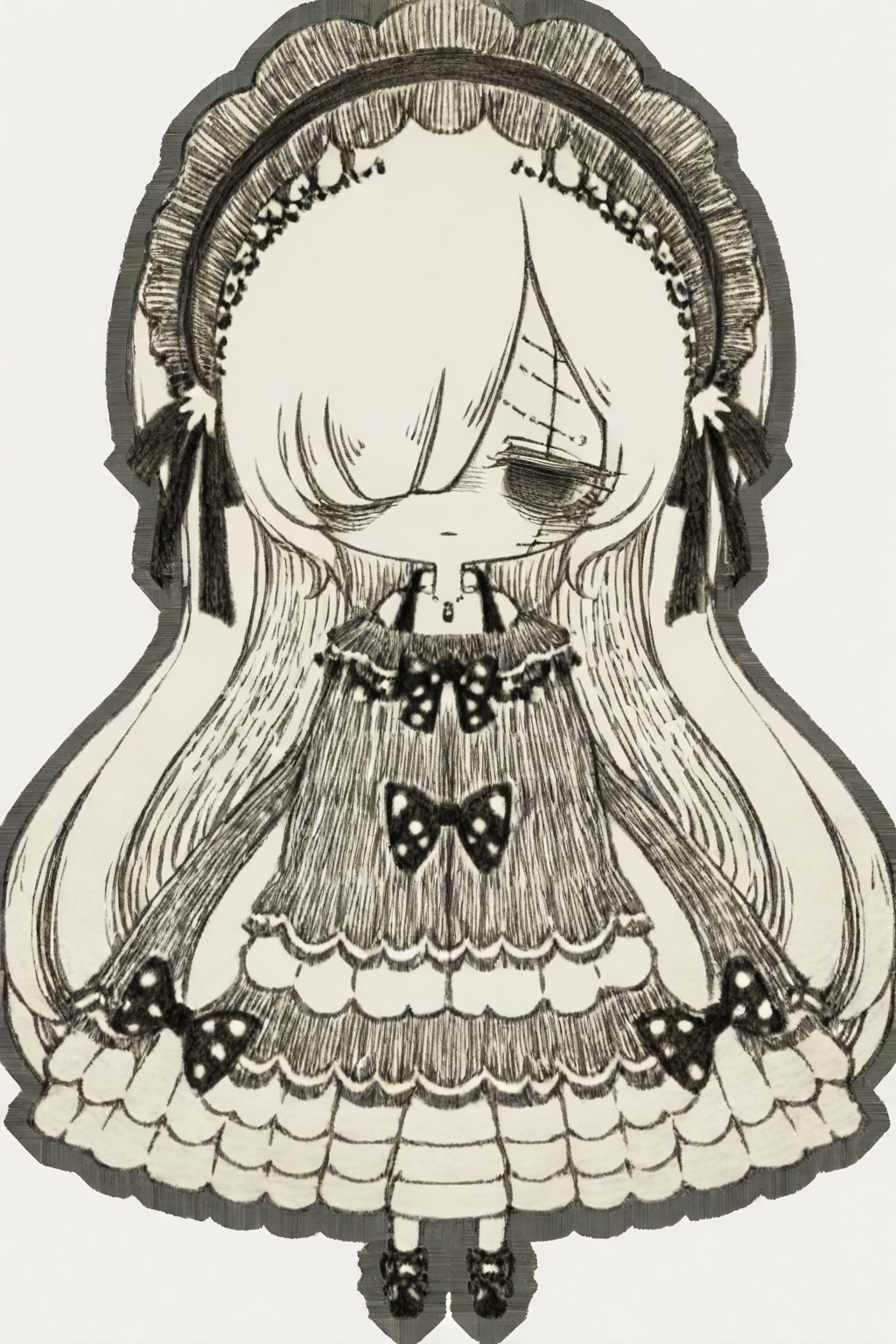 1girlsololong hairlooking at viewersimple backgroundlong sleeveswhite backgrounddressbowclosed mouthvery long hairfull bodymonochromegreyscalefrillshairbandhair over one eyechibisleeves past wristsfrilled dressoutstretched armspolka dotsleeves past fingerslolita fashionbags under eyesgothic lolitalolita hairbandmedical eyepatch<lora:mnsp Texture2D:1>,