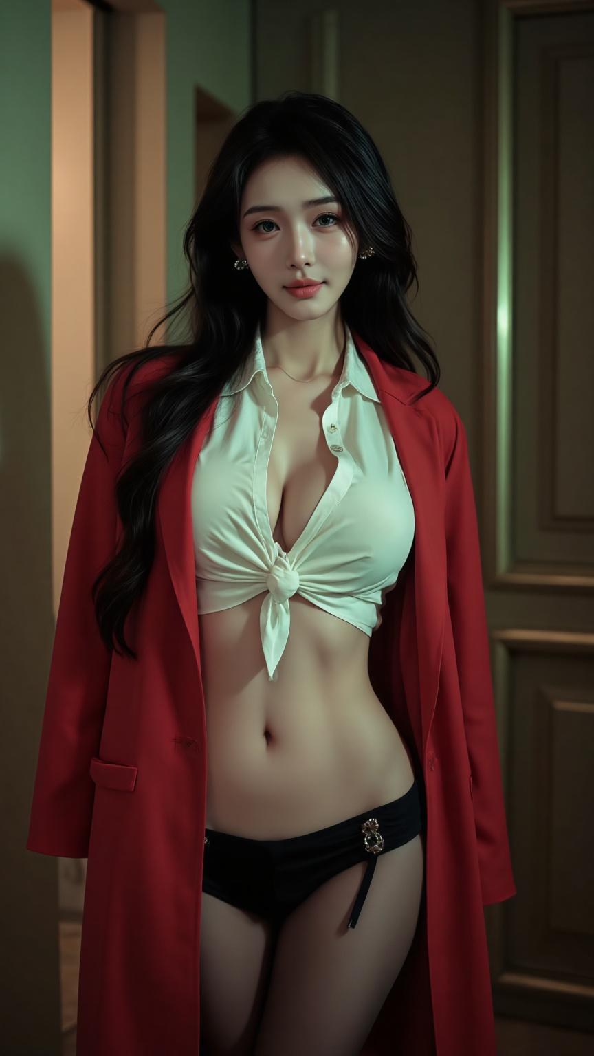 This is a high-resolution,JKBB,Green tone,orange tone:1.5),(breast:1.5),((cleavage:1.5)),red long open coat,black pantyhose,exposing abdomen,white shirt,tied shirt,photographed from the side,exposing side milk,used as wallpaper,(a girl),long hair,bangs,sexy and charming Asian woman,alone,with extremely beautiful skin,natural skin texture,huge breasts,earrings,full of temptation,seductive,with a sense of lust,cleavage,realistic style,realism,part in shadow,bare thighs,low-key lights,zavy-drkcnmtc (may be a specific style or code, no exact meaning for the time being),perfect figure,rich details,absurdres,32K ultra-high definition,clear focus,best quality,masterpiece,non-traditional top-level masterpieces,exquisite details,depth of field effect,blur,blurry_foreground,dynamic blur,presenting a fast-moving masterpiece effect,deep focus,color-adjusted movie texture,ambient light lighting,graininess of award-winning movies,lenses full of tension (visual impact, making the poster dynamic and extremely visual impact:1.2),shocking pictures,super realistic,high dynamic range,realistic,epic realistic style,dark pictures,shadows (this is a real high-definition photo:1.1),using professional photography techniques,highres,strong contrast,rich color levels,bright colors,high_contrast,official artistic style,movie perspective,extremely aesthetic feeling,messy hair,perfect composition,complex details,rich emotional appeal,epic feeling,realistic,exquisite details,soothing tones,high_contrast,natural skin texture,soft,