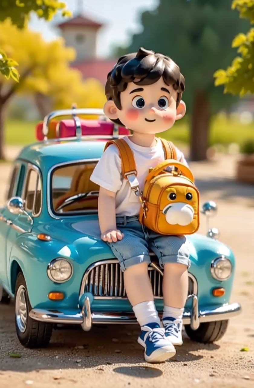 masterpiece,best quality,absurdres,clay,short,1boy,t-shirt,shoes,black hair,school,outdoors,sunlight,backpack,car,