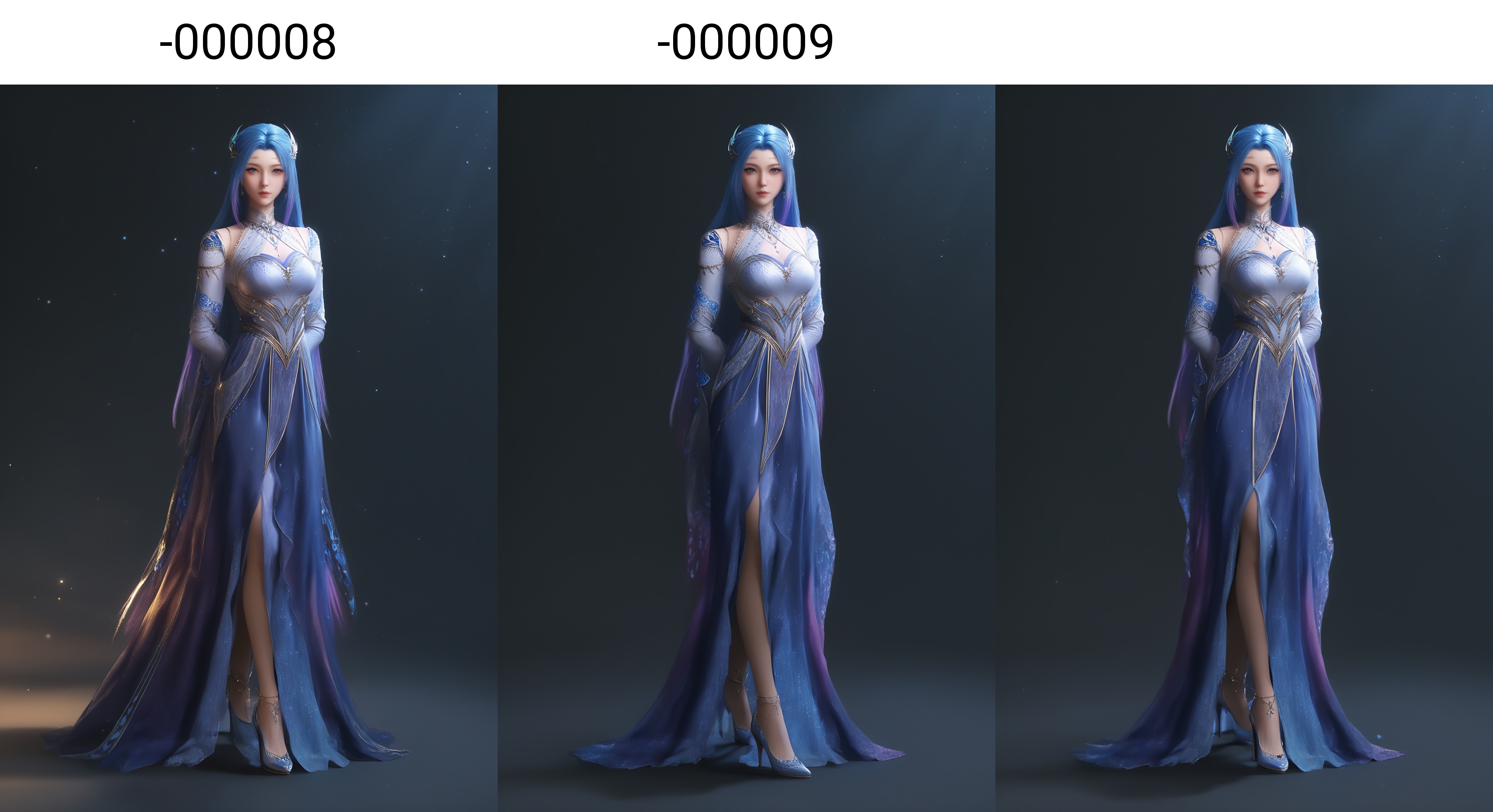 masterpiece,best quality,absurdres,highres,BREAK(glamor:1.1),slender,1girl,solo,<lora:唐舞桐-ill-000008:0.85>,long hair,blue hair,hair ornament,gradient hair,jewelry,earrings,necklace,high collar,clothing cutout,dress,detached sleeves,anklet,high heels,butterfly,looking at viewer,front view,standing,arms behind back,BREAKsimple background,black background,rim light,Tyndall effect,Volumetric Lighting,Cinematic Lighting,realistic,depth of field,
