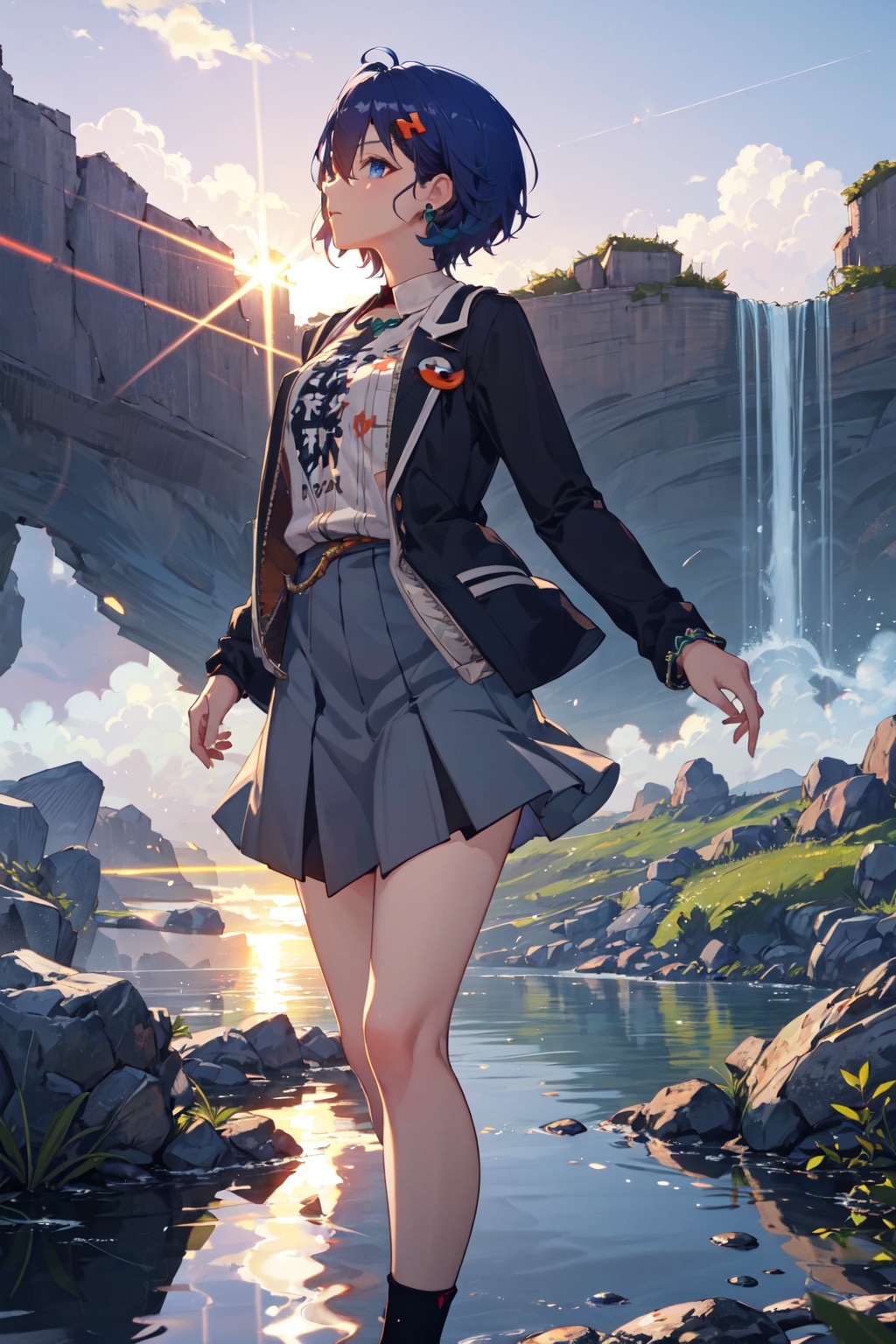 <lora:Belle-000018:0.8>,Belle CYQL,1girl,looking at viewer,solo,blue hair,short hair,hair between eyes,blue eyes,jewelry,hair ornament,hairclip,earrings,Classic and timeless style with a tailored blazer, knee-length skirt, and silk neckerchief,:d,profile,Within a mountain ravine, a waterfall plunges like a white silk ribbon, its roar deafening. Mist sprays everywhere, creating rainbows as sunlight pierces through the droplets, shimmering with a spectrum of colors,beautiful detailed sky,beautiful detailed glow,posing in front of a colorful and dynamic background,masterpiece,best quality,beautiful and aesthetic,contrapposto,female focus,wallpaper,