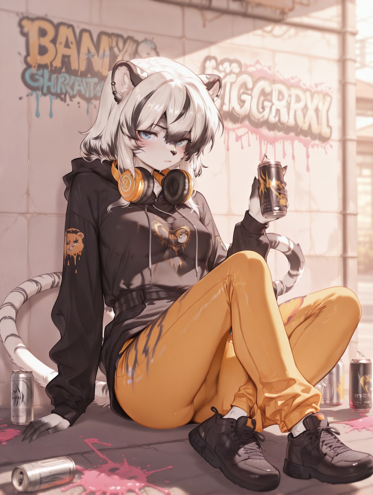 1girl, solo, looking_at_viewer, long_sleeves, holding, sitting, closed_mouth, full_body, shoes, pants, hood, black_footwear, hoodie, headphones, can, black_hoodie, headphones_around_neck, holding_can, paint_splatter, graffiti, yellow_pants, spray_can,furry,<lora:baihu-000080:0.8>,furry,blue eyes,wave hair,streaked_hair,white and black hair,tail,long tail,ear_piercings,ear_rings,nipple_piercings,nipple_rings,black fingernails,animal feet,pink paw,small breasts,baihu,<lora:gtz-000117:0.95>,