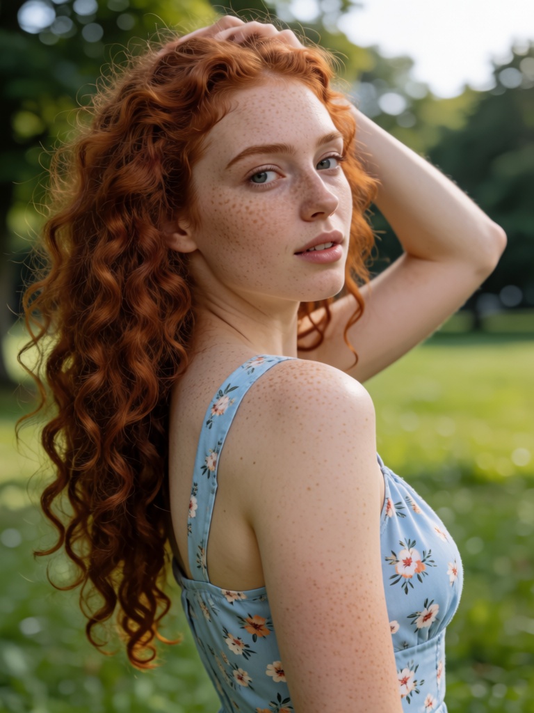 Photorealistic portrait of a young woman with long curly red hair and freckles on her face and shoulders. She is looking b...
