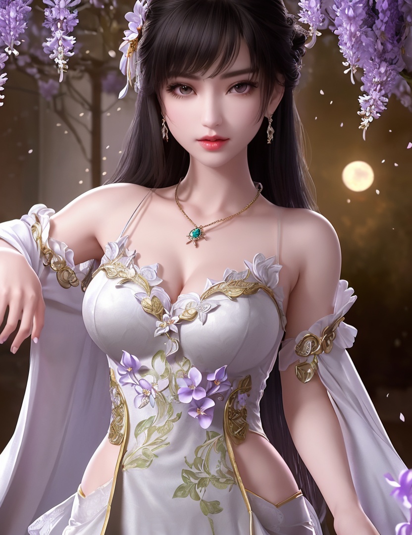 ultra realistic 8k cg, picture-perfect face, flawless, clean, masterpiece, professional artwork, famous artwork, cinematic lighting, cinematic bloom, perfect face, beautiful face, fantasy, dreamlike, unreal, science fiction,   lace, lace trim, lace-trimmed legwear,  (rich:1.4), prestige, luxury, jewelry, diamond, gold, pearl, gem, sapphire, ruby, emerald, intricate detail, delicate pattern, charming, alluring, seductive, erotic, enchanting, hair ornament, necklace, earrings, bracelet, armlet,halo((,1girl, pov,))(((1girl, jewelry, solo,breasts, looking_at_viewer,  outdoors,  full moon,  upper body, wisteria, chloris garden,  cherry blossoms, )))    <lora:DA_YueChanTeen:0.6>