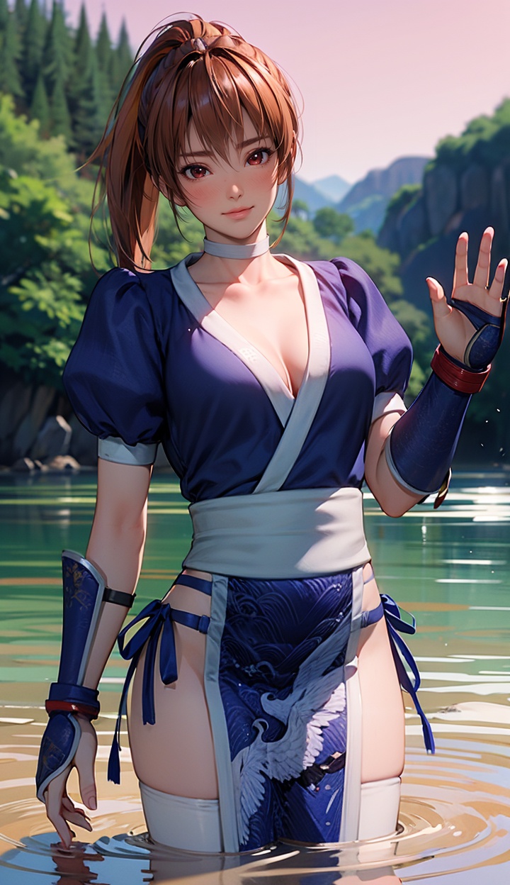 kasumi,1girl,solo,medium breasts,closed mouth,Best quality,masterpiece,ultra high res,high quality,8k,wallpaper,fine lineart,highly detailed,absurdres,(perfect fingers:1.1),(perfect hands:1.1),<lora:kasumisuit4r-000005:0.8>,pelvic curtain,arm guards,shin guards,<lora:add_detail:0.3>,(water:1.1),(wading:1.1),looking at viewer,(blush:1.2),upper body,(waving:1.1),