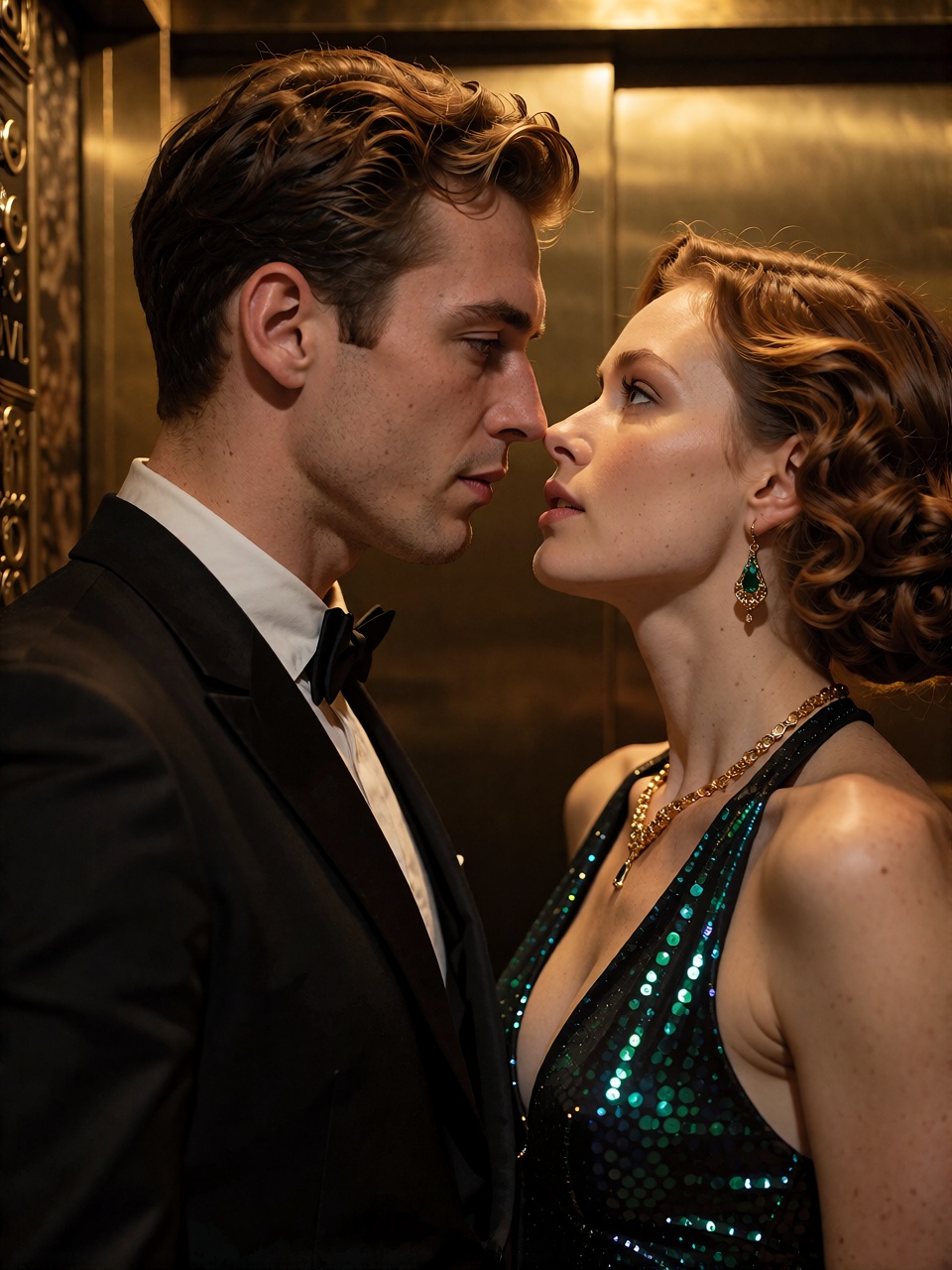 An ***** man and woman standing face to face in an elegant vintage elevator,  their noses almost touching,  neither willin...