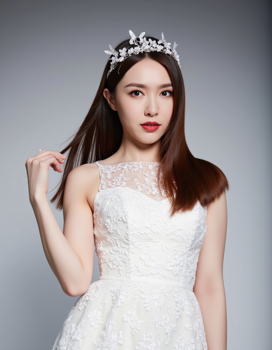 This is a photograph of a young Asian woman with fair skin and long, straight brown hair. She is wearing a white lace dress with intricate floral patterns. Her makeup is bold, featuring red lipstick and dark eye makeup. A delicate, silver headpiece with floral and butterfly motifs adorns her head. She stands against a gradient gray background, with one arm raised, touching her hair. The overall aesthetic is ethereal and elegant, emphasizing her soft features and the texture of the lace fabric.