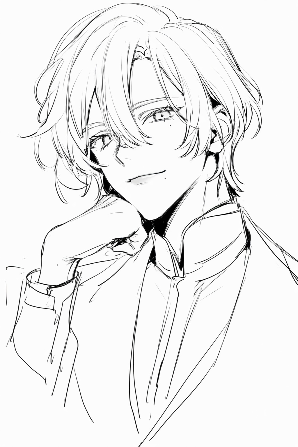 solo,looking at viewer,short hair,simple background,1boy,white background,hair between eyes,closed mouth,upper body,male focus,mole under eye,smile,sketch,greyscale,chin_rest,