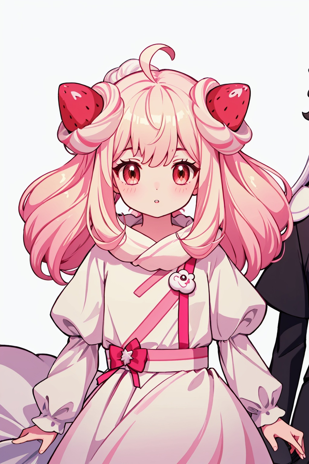 masterpiece,best quality, highly detailed, alcremie,pokemon (creature), 1girl, white background, holding pokemon, strawberry, personification, strawberry hair ornament, white dress, ahoge, simple background, looking at viewer, creature and personification, long sleeves, parted lips,<lora:alcremie:1>