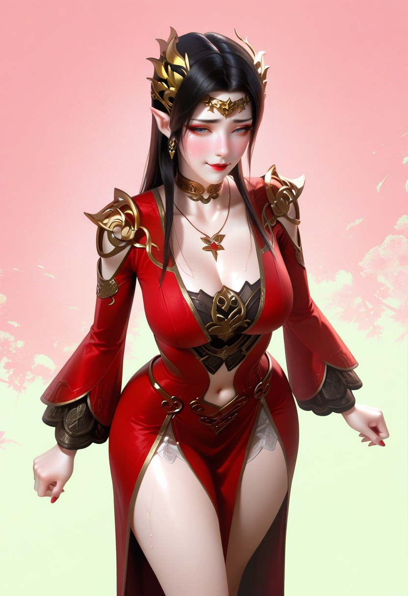 masterpiece,best_quality,(realistic:1.2),photorealistic,amazing quality,very aesthetic,absurdres,vibrant,newest,perfect body,detailled body,fair skin,pale_skin,velvet skin,curvy body,voluptuous body,skindentation,narrow waist,wide hips,full bust,curved silhouette,S-curve body,wide pelvis,slim legs,long legs,wide_shot,perfect hands,extreme aesthetic,masterful details,with a high end texture,in the style of fashion photography,Visual impact,impactful picture,offcial art,simple_background,green background wall,Lilac Pink background,wide hips,thick thighs, blush,embarrassed, nervous smile,from above,cleavage, sweat,looking at viewer, long eyelashes,half-closed eyes,1girl,young woman,solo,open_mouth,bright red lips,knee_blush,<lora:美杜莎:1>,meidusha_(doupo cangqiong),battle through the heavens,meidusha01,jewelry,hair ornament,pointy ears,red dress,clothing cutout,necklace,red nails,shoulder cutout,elf,circlet,choker,navel,navel cutout,long sleeves,cleavage,black hair,