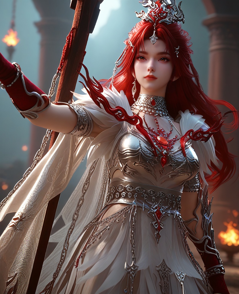 (She lies on her side, her head resting on her hand, gazing out the window.:1.1),looking at viewer,(large breasts:1.2),<lora:XL16云深不知梦炽阳华明白色甲胄:0.95>,female paladin,white peplum dress,red hair,very long hair,hair ornament,hair bun,single earring,jewelry,boobplate,red gloves,sash,bracelet,silvery leggings,boots,holding spear,chain,, score_9,score_8_up,score_7_up,score_6_up,score_5_up,score_4_up,3d rendering,tag1,tag2, Cinematic Lighting,backlighting,