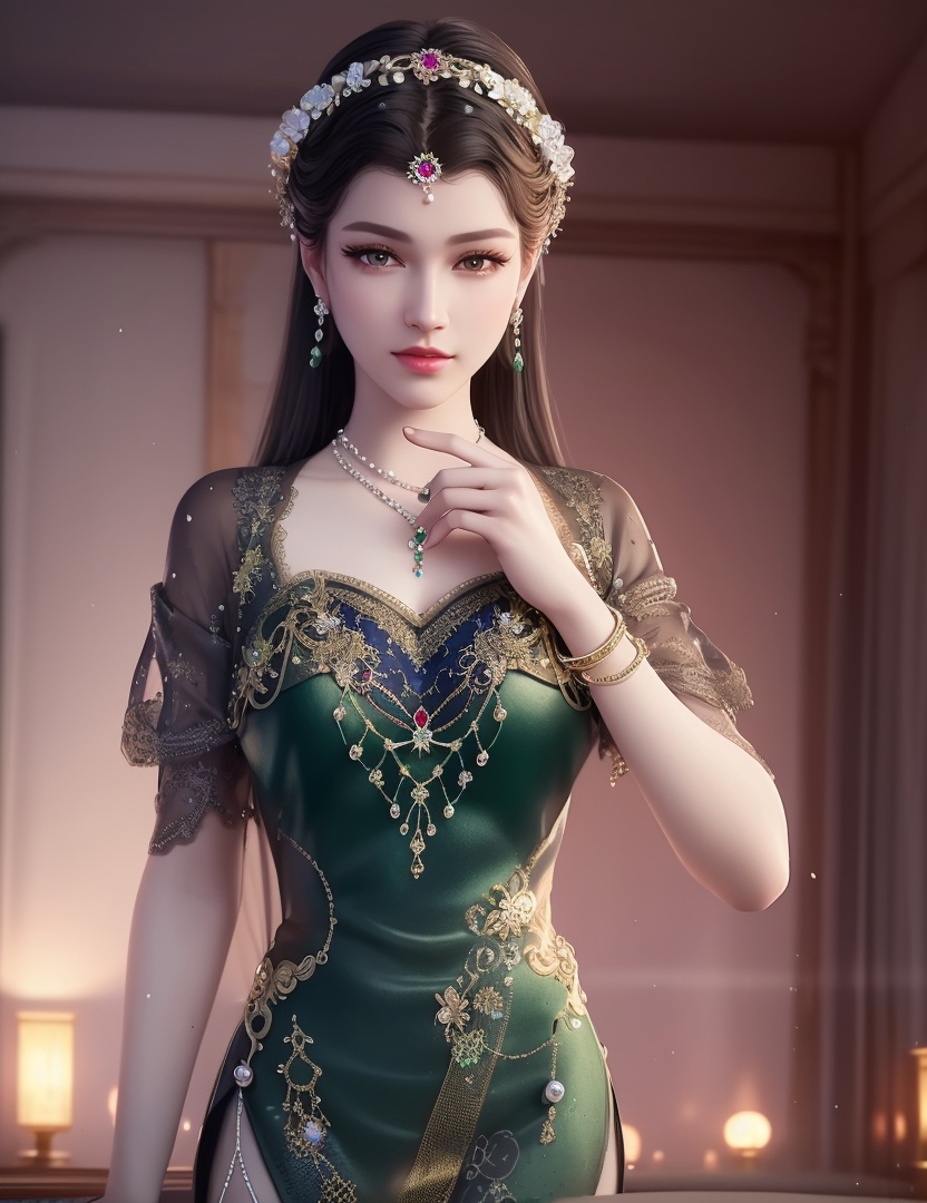 ultra realistic 8k cg, picture-perfect face, flawless, clean, masterpiece, professional artwork, famous artwork, cinematic lighting, cinematic bloom, perfect face, beautiful face, fantasy, dreamlike, unreal, science fiction,  beautiful clothes, lace, lace trim, lace-trimmed legwear,  (rich:1.4), prestige, luxury, jewelry, diamond, gold, pearl, gem, sapphire, ruby, emerald, intricate detail, delicate pattern, charming, alluring, seductive, erotic, enchanting, hair ornament, necklace, earrings, bracelet, armlet,halo((,1girl, pov,))(((,  1girl,  solo,looking at viewer, ))),(((1girl, solo, dress, jewelry)))<lora:DA_WhiteSnakeGreenSnake:0.7>