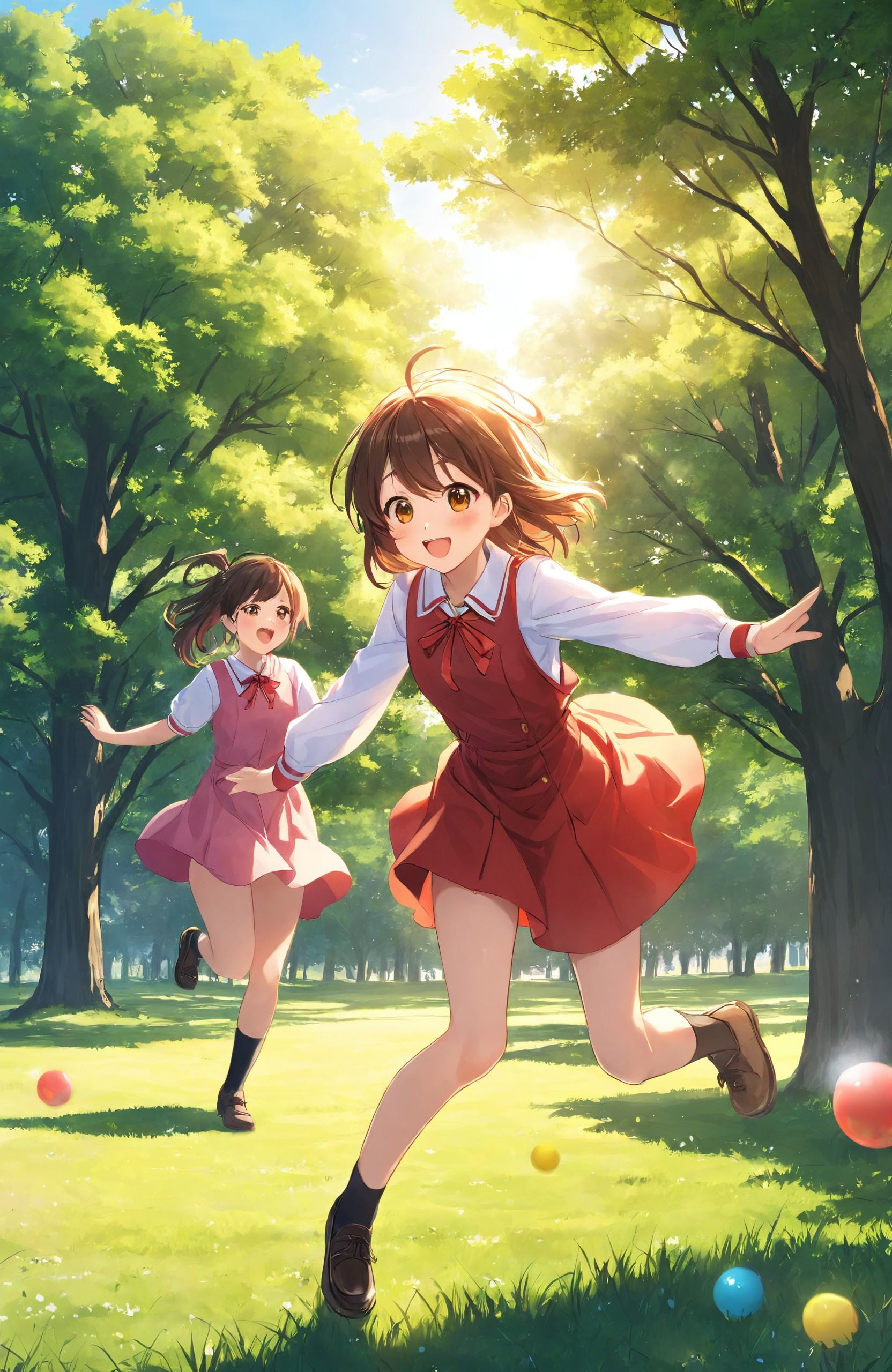 "Heartwarming anime art style, featuring a lively scene of students playing on a sunlit school playground. The breeze gently rustles through the trees, and the sound of laughter fills the air. The sunlight creates a soft, golden glow over the grass, capturing the joy and energy of youth in a simple, yet beautiful moment."