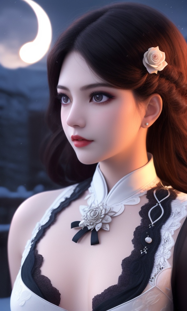 (,1girl, ,best quality, )<lora:365-DA-梦塔·雪谜城-艾妙妙:0.8>,, ,masterpiece, (( , )),, realistic,science fiction,mole, ultra realistic 8k cg, ,tamari \(flawless\),     ,outdoors, snow, snowing, snow on head, sun,sunset,sunlight,moonlight,full moon, red moon,  crescent moon,  crescent rose,  black rose,       (()), (),