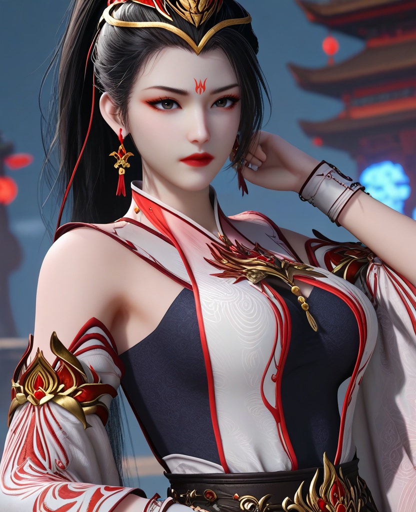 (oriental architecture, elegant decor, sophisticated style:1.1),(getting dressed:1.1),disgusted,(large breasts:1.2),<lora:XL16师兄啊师兄玖酒:0.95>,miss jiujiu,white dress,forehead mark,black hair,ponytail,long hair,hair ornament,jewelry,earrings,black slip dress,red lips,, score_9,score_8_up,score_7_up,score_6_up,score_5_up,score_4_up,3d rendering,tag1,tag2, Cinematic Lighting,backlighting,