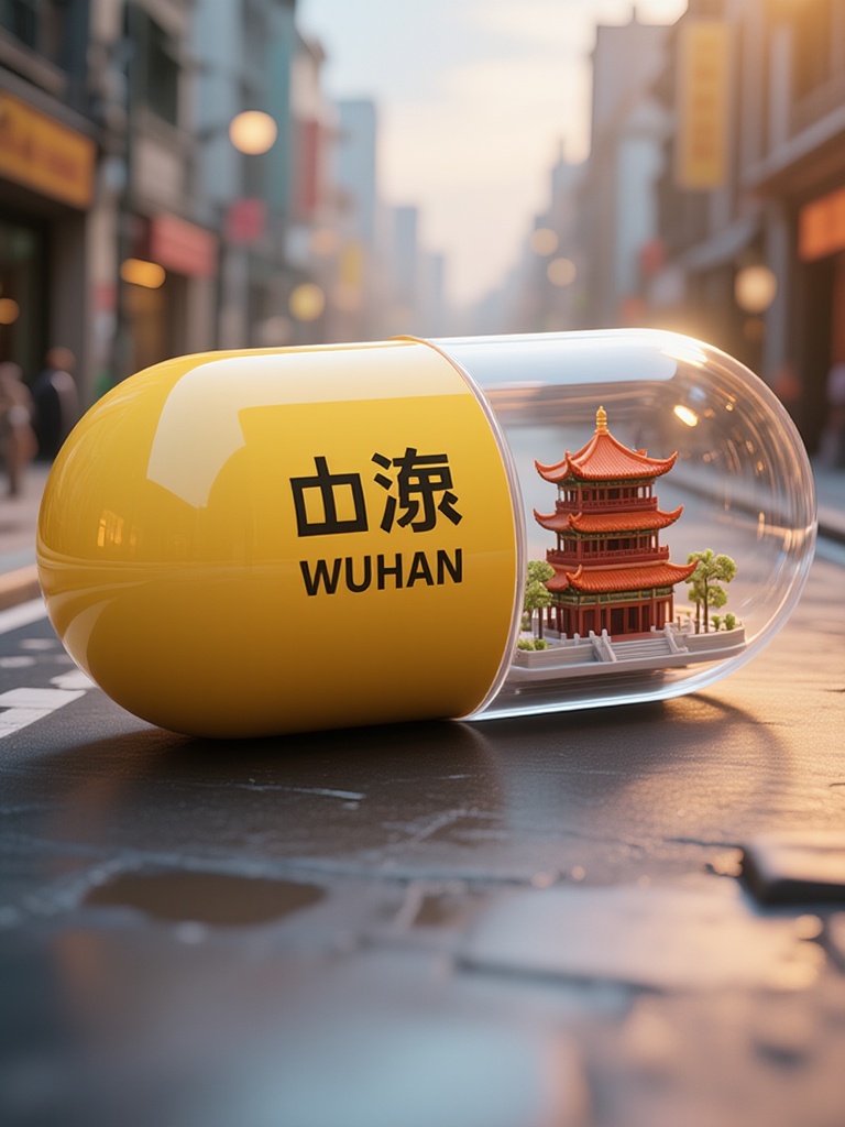 a close-up of a large, yellow pill capsule with "Wuhan" and Chinese characters on it, containing a tiny model of the Wuhan Temple. The capsule lies on a wet, reflective street in a bustling Chinese city. The background shows blurred buildings and streetlights, with a soft focus to emphasize depth. The scene is bathed in warm, golden light, suggesting early morning or late afternoon. The detailed miniatures inside the capsule add a whimsical, surreal element.<lora:S-T-胶囊城市丨城市地标-S1.6:1>