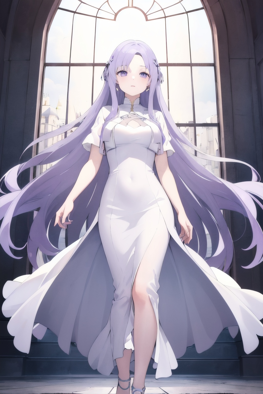 masterpiece,best quality,highres. 1girl,solo,very long hair,light purple hair,swept bangs,purple eyes,white dress,long dress,floating hair,short sleeves,large breasts,castle,standing,<lora:lbc_quinella_(sao)24324_v1.0:0.8>,