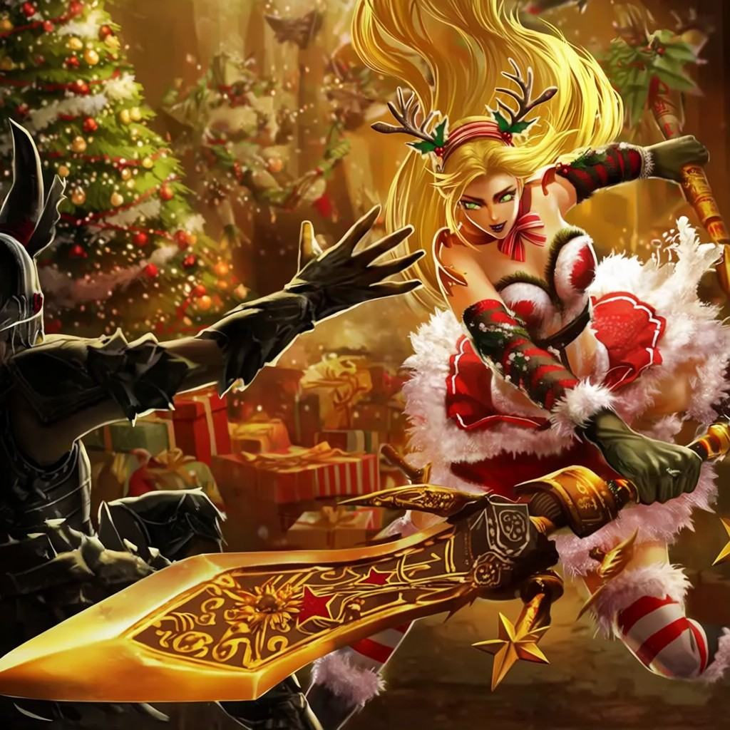 A female humanoid warrior with long flowing blonde hair,  sharp green eyes,  and dark makeup wears a festive red and white...