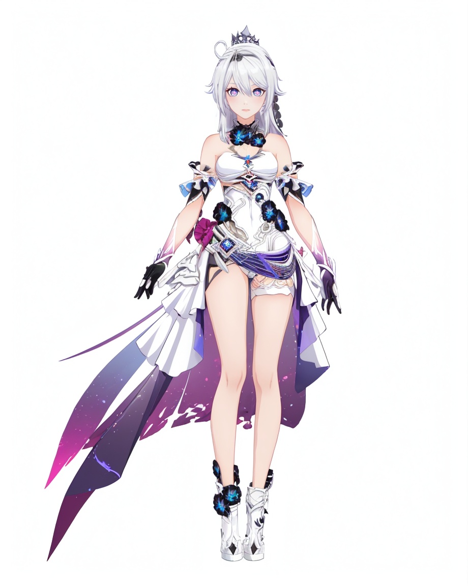 8k,best quality,masterpiece,(ultra-detailed),(high detailed skin),(by nanoless, by misumi \(macaroni\),:0.5),A full-body portrait of a young girl,standing gracefully,pastel art style,high-key lighting,shoujo manga influence,hd quality,delicate details,full body,full shot,standing,looking at viewer,(solo:1.2),simple background,white background,<lora:zhongyannew-sd-Tanger-000018:0.8>,kiana zhongyan,1st clothes,clothes: zhongyan white High-Low Dress,purple cross-shaped pupils,1girl,black gloves,purple eyes,white hair,tiara - style ponytail band,