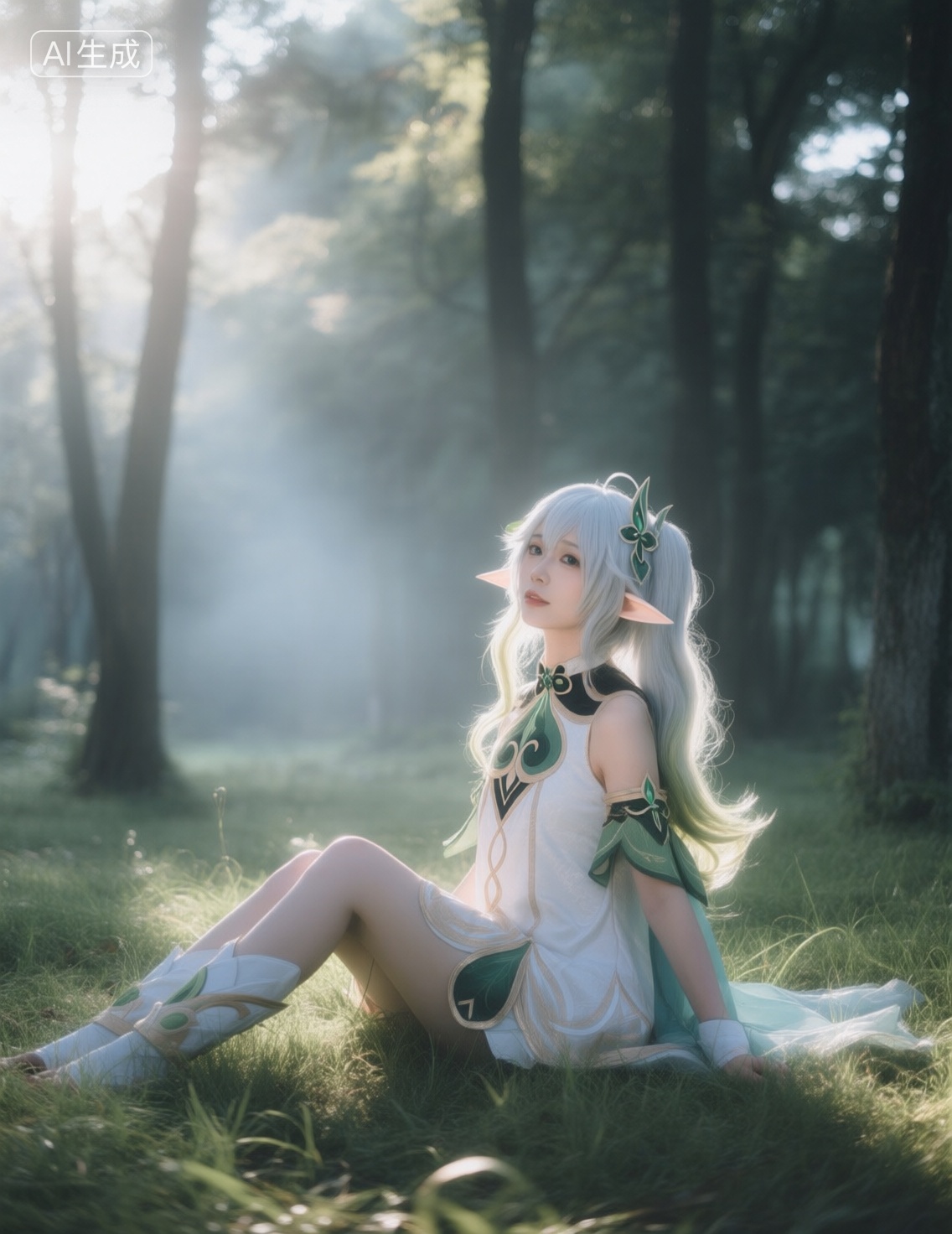 cosplay,zh,jp,sy,这张图片展示了一个扮演原神中角色的Cosplayer,很可能是菲谢尔或类似精灵风格的角色,从服装和整体风格来看,这个人优雅地坐在一片草地上的森林区域,阳光透过树木洒下,营造出一种宁静而梦幻的氛围,电影感,极致细节,丰富光线,超细腻线条,大师级构图,神秘诡异氛围,dreamlike,人像摄影,光影动态,highres,自然光线,柔和色调,超清细节,质感人像,做旧效果,底饱和,画面有辉光,耀光,雾感,奇幻感深,质感好,对焦模糊,胶片摄影,淡彩,调性,暗调微光,清冷,通透,氛围低光,高反差,对焦模糊,个性视角,双重曝光,抓拍概念,大场景,秀发自然飘垂显肌理发丝光,既视感,现场感,情境氛围感拉满,暗朦,overexposure,高噪点,强烈的胶片颗粒质感,奇妙写意,光的美学,概念艺术,lomo效果,高级感,杰作,, Negative prompt: ng_deepnegative_v1_75t,(badhandv4:1.2),EasyNegative,(worst quality:2),,nsfw, Steps: 40, Sampler: Euler, CFG scale: 4.0, Seed: 2442708983, Size: 1140x1472, Model hash: 98763a1277, Model: Qwen-Image_1.0.safetensors, Denoising strength: 0, RNG: CPU, Lora 1: 20251122-1763794867058-0001, Lora Hash 1: 0566c82ecb, Lora Weight 1: 0.6, Lora 2: 星美通义千问_亚洲人像摄影, Lora Hash 2: 62d8c8ddd6, Lora Weight 2: 0.1, Lora 3: Qwen_昭和美人复古摄影, Lora Hash 3: 7252b4b796, Lora Weight 3: 0.1, Lora 4: 星美Qwen_超现实氛围感人像摄影, Lora Hash 4: 94cce42ff9, Lora Weight 4: 0.1, vae_name: automatic