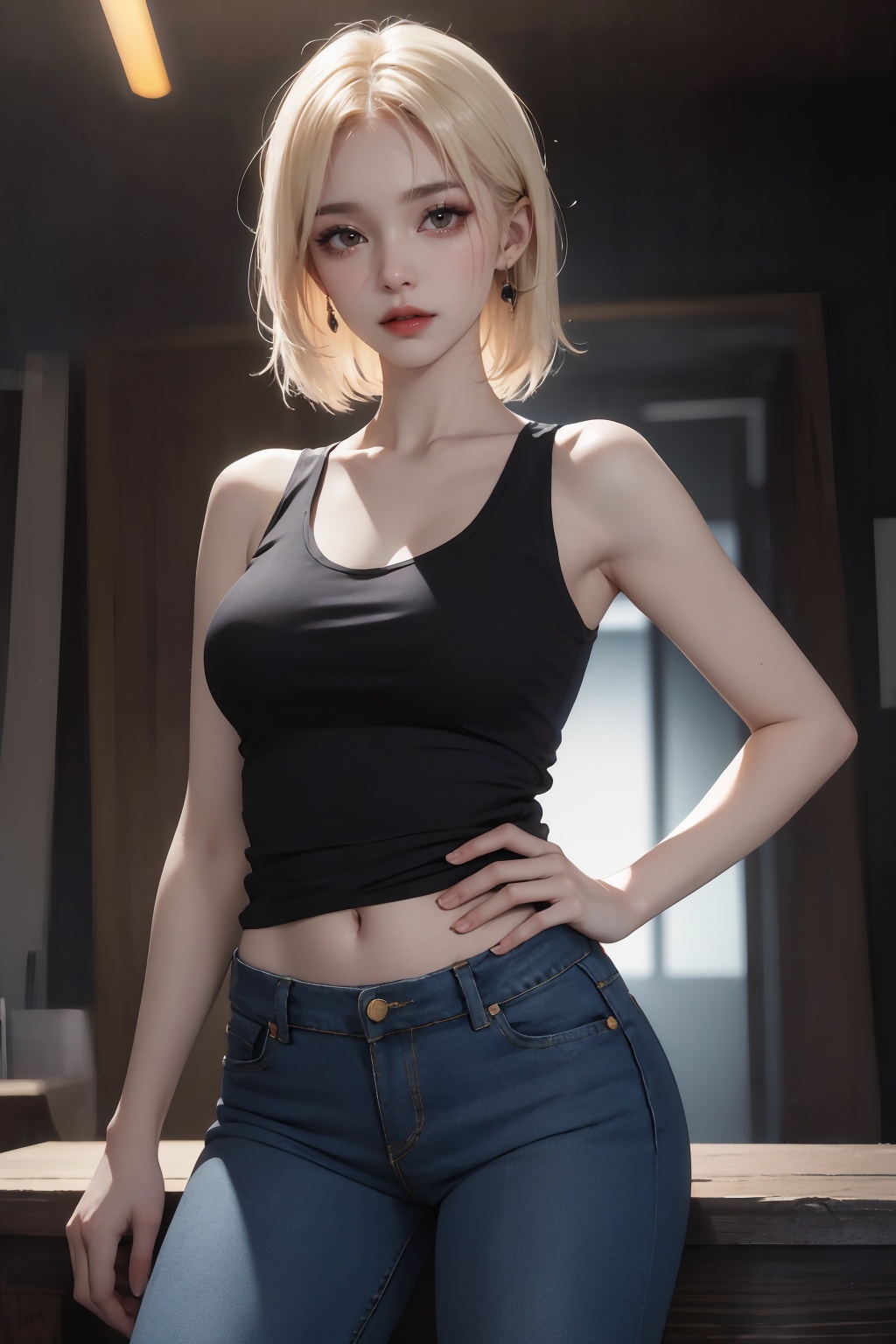 (best quality:1.4),(masterpiece:1.4),(absurdres:1.4),(intricate details:1.2),(looking at viewer:1.4),(cinematic:1.2~1.4),(cinematic lighting:1.2~1.4),(character on center:1.2),(darkness),(lady:1.2),(shiny skin:1.2),(pale skin:1.2),(alive skin:1.2),alpine mountain,Standing with one leg bent, hand on hip,Lip primer,<lora:GoodHands-beta2:1>,black long jacket, black **** top, short jeans,