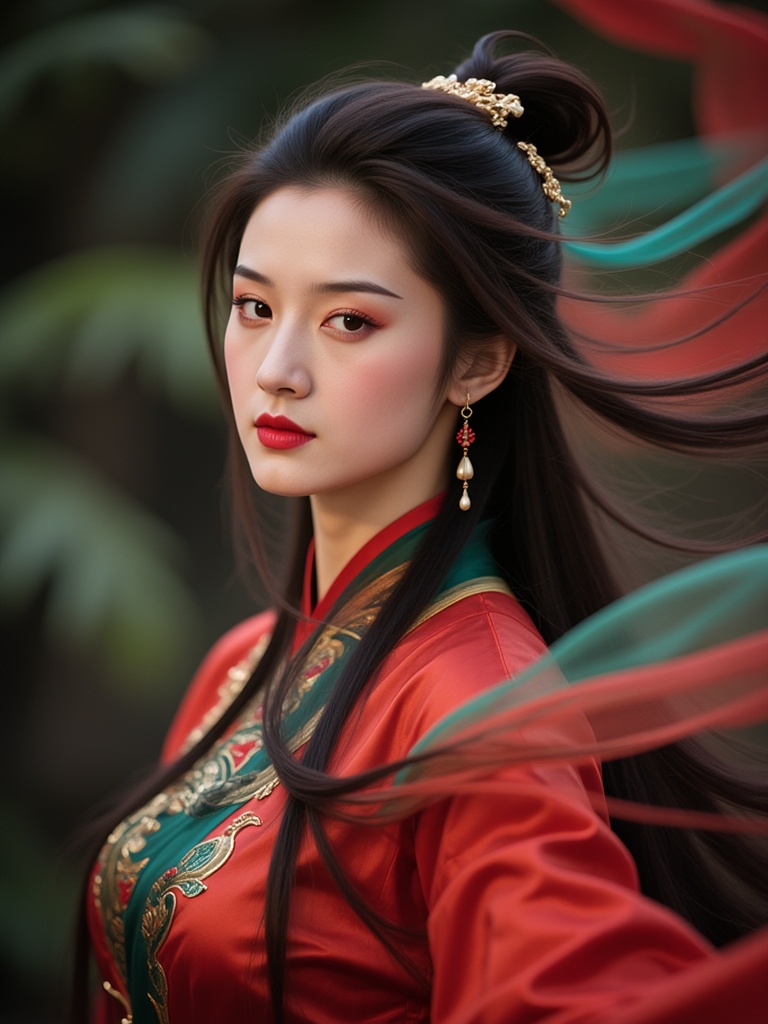 hfxnsas,a young Asian woman with long, flowing black hair, wearing a traditional red and green outfit with a gold headpiece. She has a serious expression and is looking directly at the camera. The background is blurred, but it appears to be an outdoor setting with greenery. The lighting is soft and natural, highlighting her features. The image is high quality, with a shallow depth of field, focusing on her face and upper body.<lora:S-T-汉服仙女-S1.5:1>