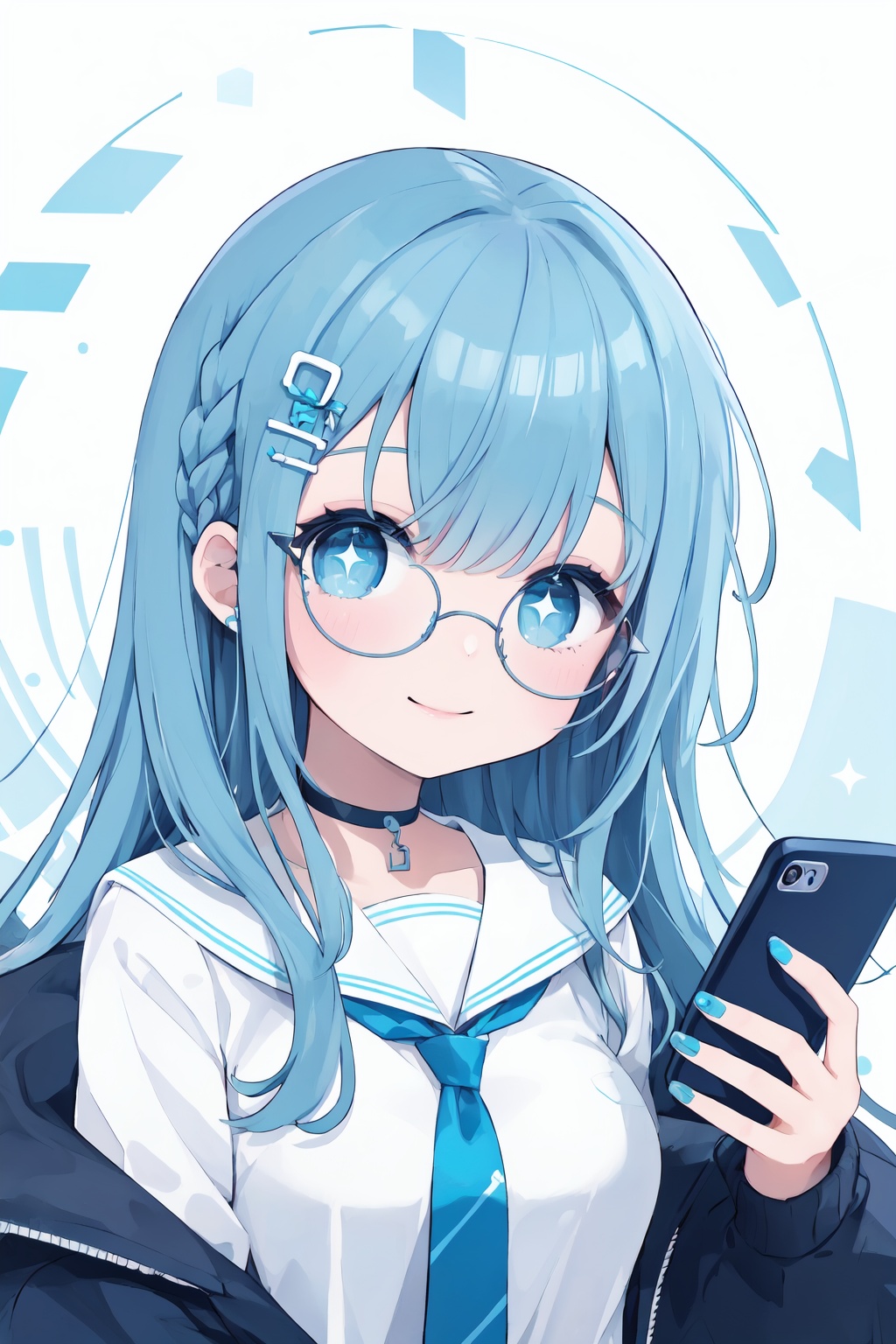 1girl,solo,phone,glasses,blue hair,long hair,blue eyes,hair ornament,cellphone,holding,smile,bow,jacket,necktie,bangs,holding phone,hair bow,bandaid,sailor collar,long sleeves,hairclip,looking at viewer,closed mouth,shirt,upper body,blue theme,round eyewear,blue nails,off shoulder,open jacket,white shirt,open clothes,blue jacket,wing hair ornament,blue choker,smartphone,braid,blue bow,choker,nail polish,puffy sleeves,puffy long sleeves,blue necktie,+ +,sparkling eyes,ch-style,Starry eyes,<lora:ch-vv1-tga-000004:0.5>,