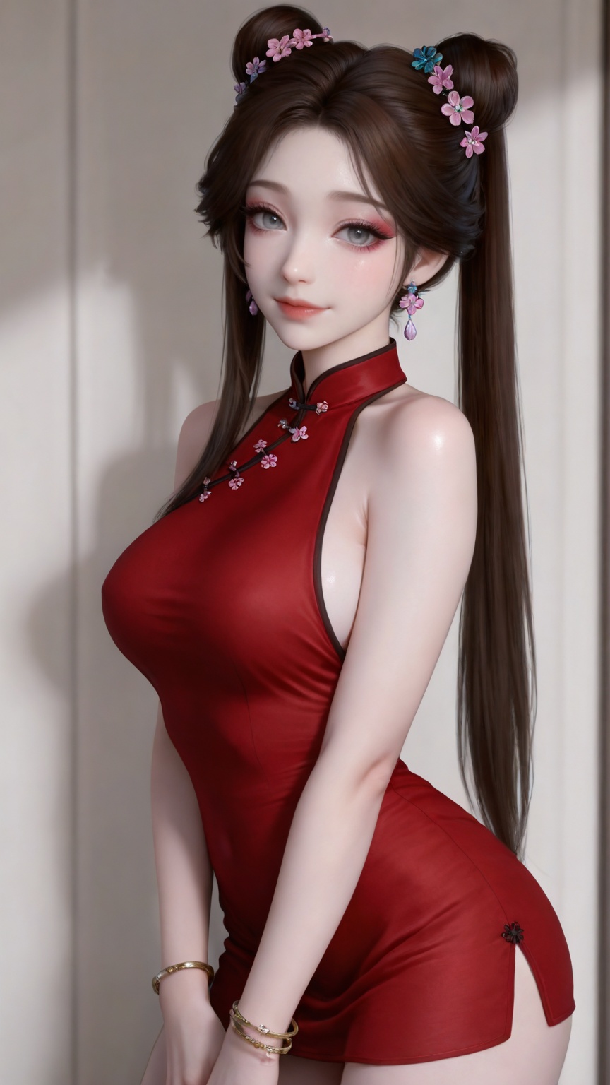 masterpiece,best quality,amazing quality,very aesthetic,high resolution,ultra-detailed,absurdres,(shiny_skin:0.6),photorealistic,(pale_skin:1.2),<lora:meining:0.6>,meining,jewelry,hair flower,brown hair,hair ornament,lips,long hair,hair bun,double bun,twintails,grey eyes,eyelashes,forehead,longeyelashes,eyeshadow,flower earrings,1girl,dress,solo,bracelet,jewelry,large breasts,red dress,smile,sleeveless,bangle,looking at viewer,single sidelock,bare shoulders,sleeveless dress,short dress,19,<lora:皮肤光滑滤镜·ILL:0.4>,lvjing,<lora:眼妆-000015:0.2>,makeup,