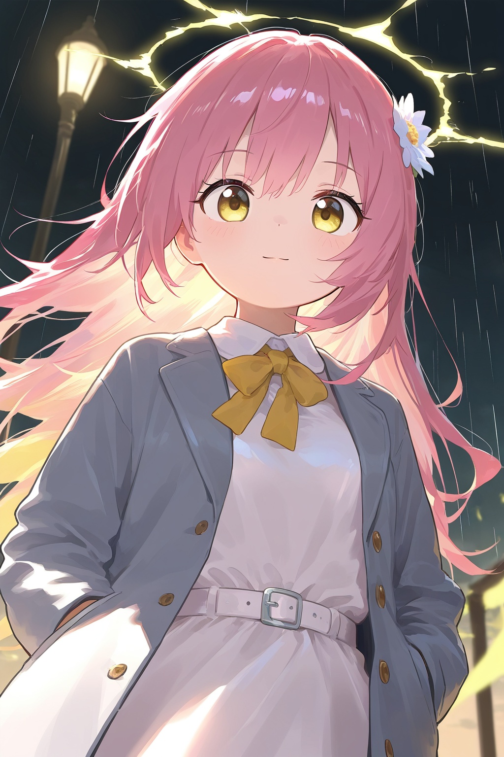 (masterpiece, best quality),1girl,solo,cuty face,Beautiful detailed eye,upper body,ray tracing,Reflected light,(very detailed light),(Beautiful Lighting),(best quality), ((masterpiece)), (highres),(loli),(petite:1.4),(white open jacket:1.4),rain,shiny clothes,white collared shirt,hair flower,fipped hair,floating hair,(blonde electricity:1.4),light smile,hands in pockets,white dress,yellow bowtie,(Yellow eyes:1.2),(Pink hair:1.2),(solo),hair flowing over, messy hair, aura,long hair, lamppost,white belt