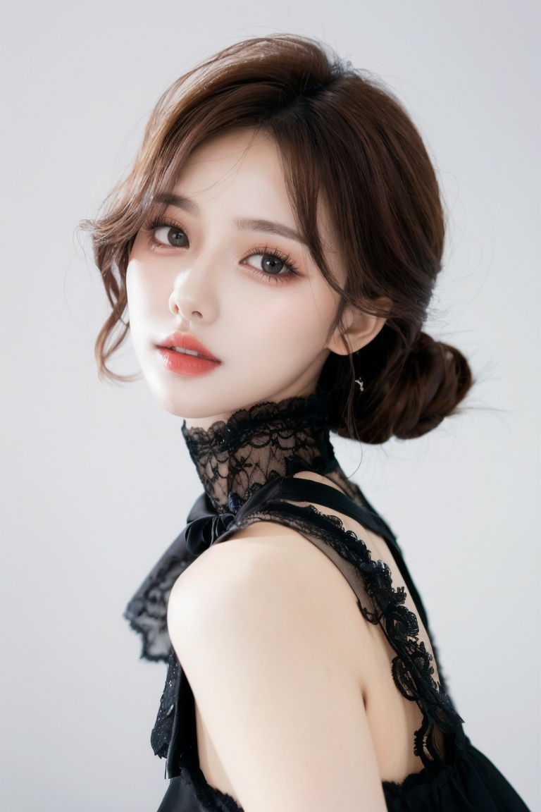 1girl,portrait, looking at viewer, blur background,lace collar, black lace