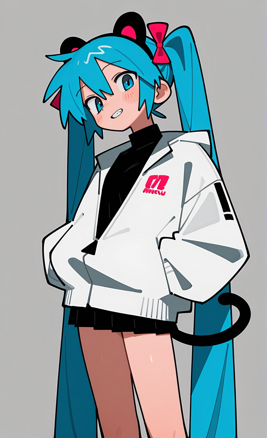 1girl,solo,animal ears,bow,teeth,jacket,tail,(adpx:1.2),miku,, best quality,amazing quality,very aesthetic,absurdres,masterpiece,