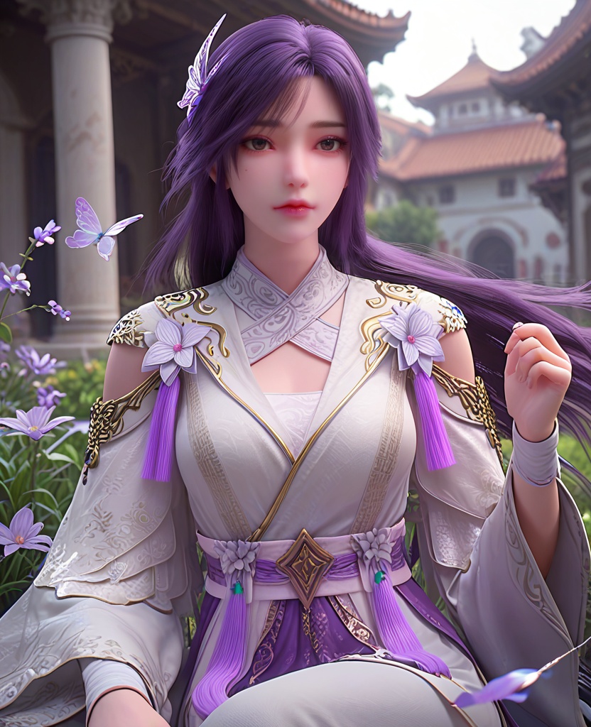 (oriental architecture, elegant decor, sophisticated style:1.1),lying in the grass, facing forward,(breasts:1.2),<lora:XL完美世界云曦易容>,miss moxi,solo,white dress,sash,purple fart curtain,shawl,clothing cutout,long sleeves,shoulder cutout,brown eyes,purple hair,long hair,butterfly hair ornament,flower ornament,tassel,lips,jewelry,, zPDXL2, score_9, score_8_up, score_7_up BREAK realistic, masterpiece,best quality, highly detailed,, zPDXL3, zPDXL2,zPDXL, zPDXLxxx, zPDXLrl,