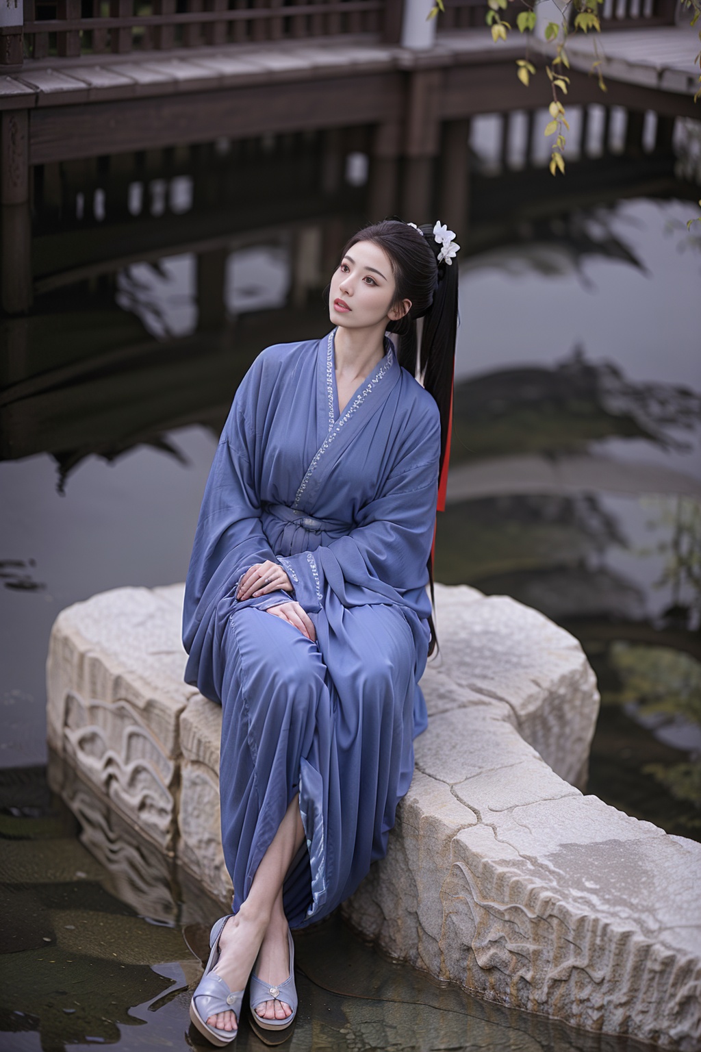 1girl, (best quality, masterpiece, ultra-high resolution, 4K, HDR, UHD, 64K, official art), (photorealistic:1.3, realistic:1.3),depth of field, outdoors, (night:1.3), (dim light), (onsen:1.2, flower arrangement:1.2),floating hair, long hair, dark brown hair,([white]collared_shirt:1.2), (full body:1.3), arms at sides, seductive pose, (wedge heels), (pantyhose), pencil skirt,(sitting:1.3), (large breasts), (solo_focus:1.2), looking_at_viewer,(fit and petite body, busty), (curvy:1.2), (under the water), (wet hair, wet shirt), (sitting in water),