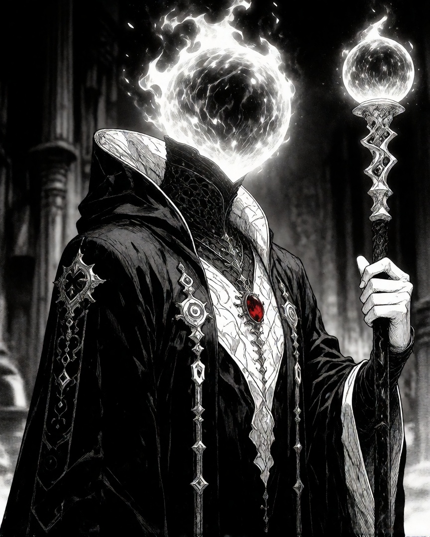 Striking black and white manga style,  digital fantasy artwork featuring a mysterious figure with a glowing,  fiery orb fo...
