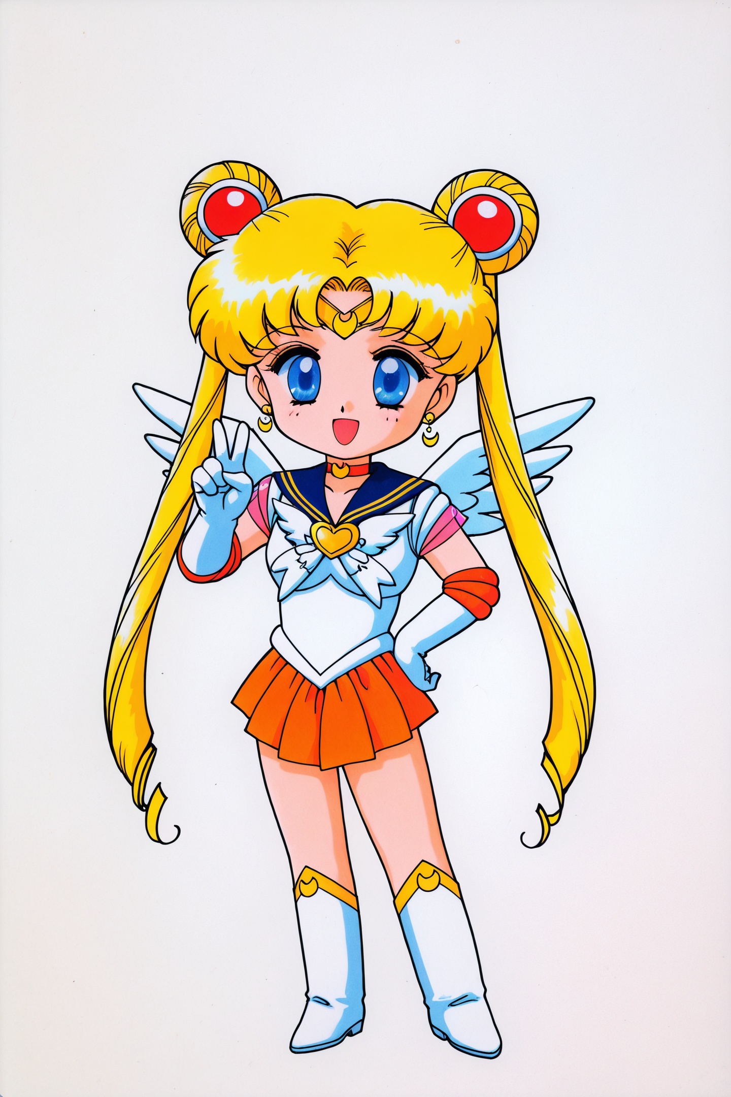 Juu Kuroinu Style,1girl,tsukino usagi,sailor senshi uniform,sailor moon,brooch,solo,heart brooch,magical girl,jewelry,facial mark,blue eyes,long hair,crescent facial mark,skirt,double bun,twintails,sailor collar,wings,v,wing brooch,heart,knee boots,boots,crescent,full body,hair bun,blonde hair,gloves,earrings,blue sailor collar,smile,hair ornament,white gloves,orange skirt,forehead mark,white background,hairpin,choker,open mouth,elbow gloves,white footwear,hand on own hip,1990s \(style\),pleated skirt,chibi,<lora:black dog chibi_illustriousXL:1>,