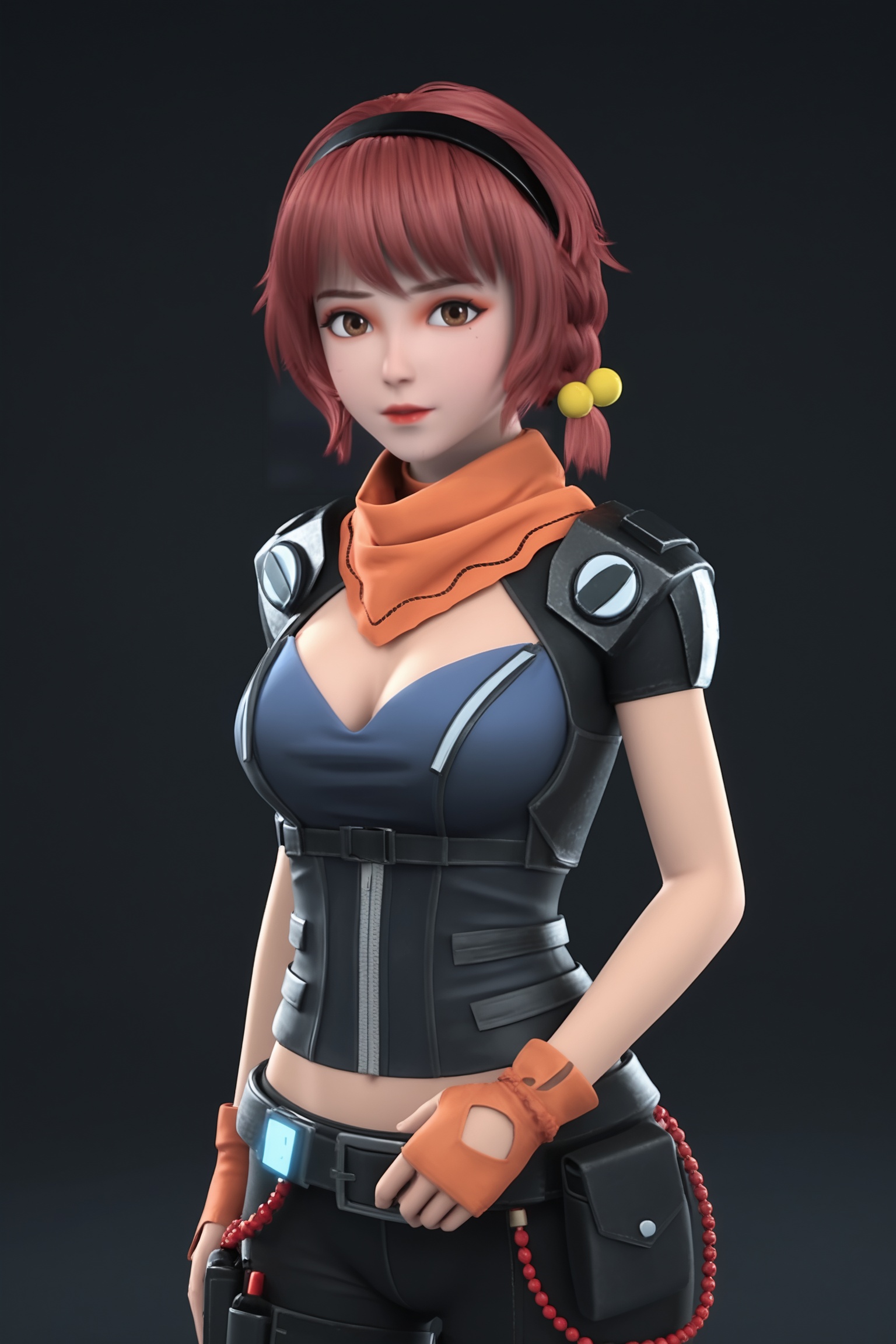 breasts,black background,standing,looking at viewer,<lora:灵笼-艾丽卡Pony:0.7>,1girl,short,reddish-brown hair,side-swept bob,brown eyes,futuristic outfit consisting of a black,form-fitting bodysuit,high collar,blue metallic accents sleeveless jacket,bright orange scarf,utility belt,
