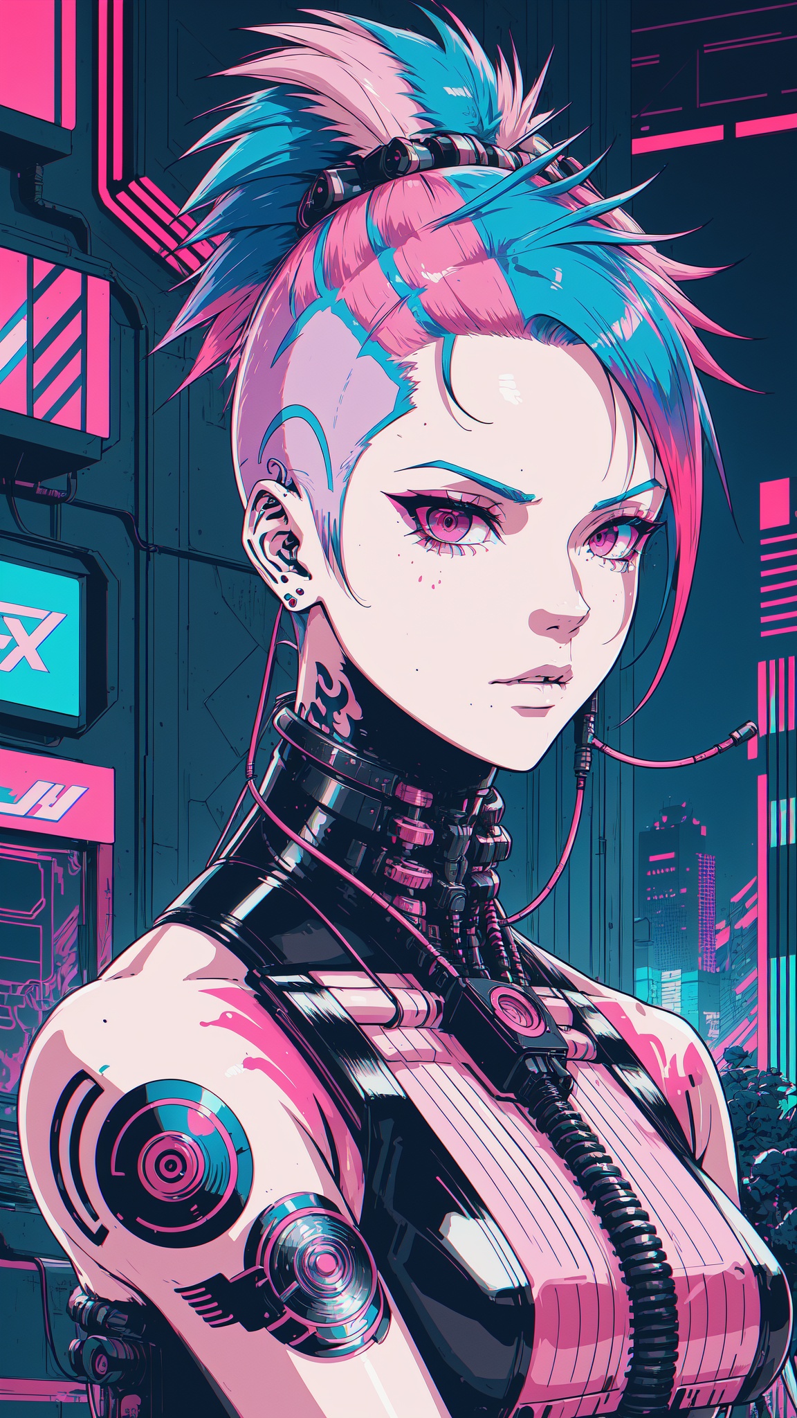 Virtual Realism,  A girl with short multicolored pink teal and blue hair faux hawk style,  red eyes on Tensor.Art