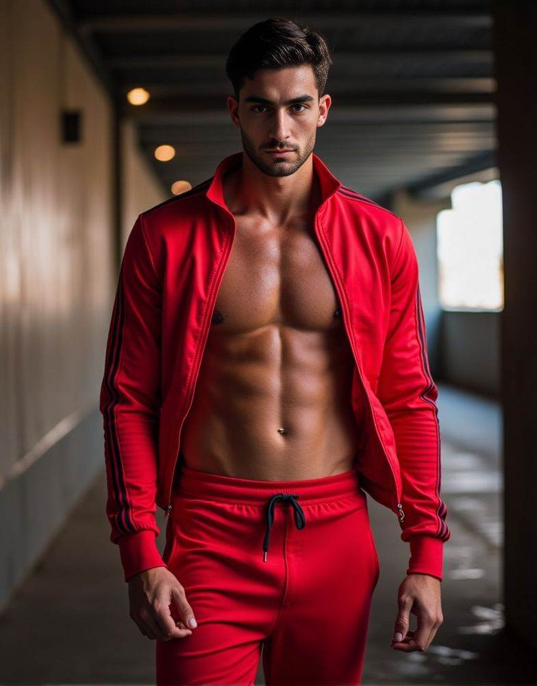 Ferran Torres ,  realistic photo in a worn ((skin-revealing skimpy erotic red tracksuit. massive pecs)). big pecs. big arm...