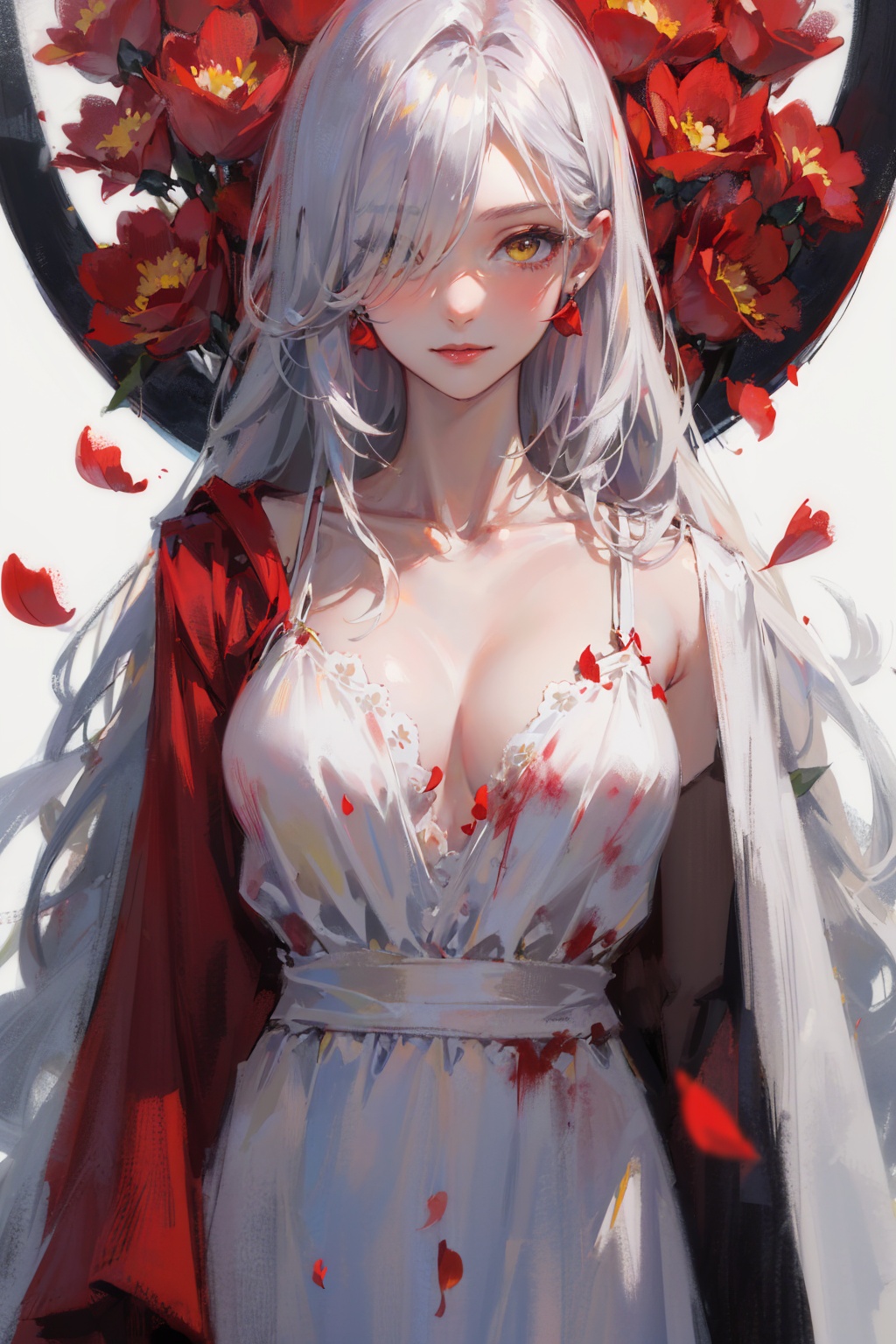 masterpiece,best quality,1girl,solo,looking at viewer,silver hair,yellow eyes,beautiful and detailed face,evil smile,upper body,collarbone,collarbone,large breasts,white long translucent night gown,expressionless,hair cover one eye,long hair,red hair flower,standing,blood,(plenty of red petals:1.35),white background,simple background