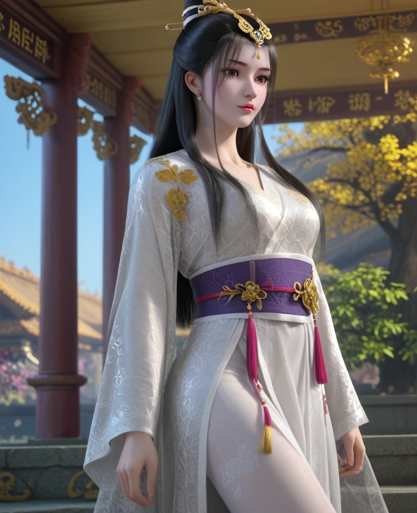 (oriental architecture, elegant decor, sophisticated style:1.1),(contrapposto:1.1),(breasts:1.2),<lora:XL墓王之王千亦膤:0.95>,miss qianyixue,white dress with embroidery,brown eyes,black hair,long hair,traditional chinese updo with long front strands,jewelry,see-through coat,sash,white pantyhose with embroidery,, score_9,score_8_up,score_7_up,score_6_up,score_5_up,score_4_up,3d rendering,tag1,tag2, Cinematic Lighting,backlighting,