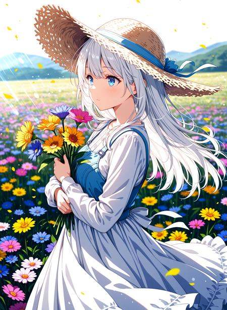 lens flare, masterpiece, best quality BREAK1girl,solo,white hair,long hair,blue eyes,white frilled dress,pinafore dress,straw hat,upper body,hugging flower,flower field,wind,particles,sunlight,blurry background,colorful,from side,scenery,