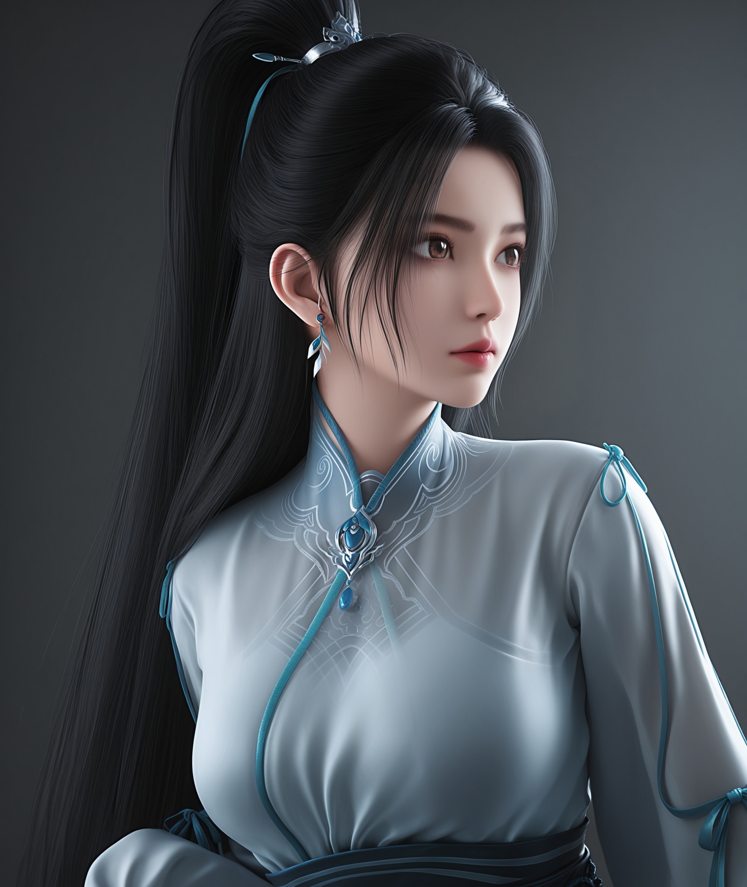 (score_9),masterpiece,best quality,absurdres,highres,BREAKwhite_skin,(fair_skin:1.1),<lora:宁姚-ill-000009:0.83>,ningyao,1girl,solo,long hair,black hair,ponytail,jewelry,earrings,brown eyes,chinese clothes,sash,collarbone,(large breasts),puffy chest,looking at viewer,BREAKsimple background,Tyndall effect,Cinematic Lighting,Volumetric Lighting,