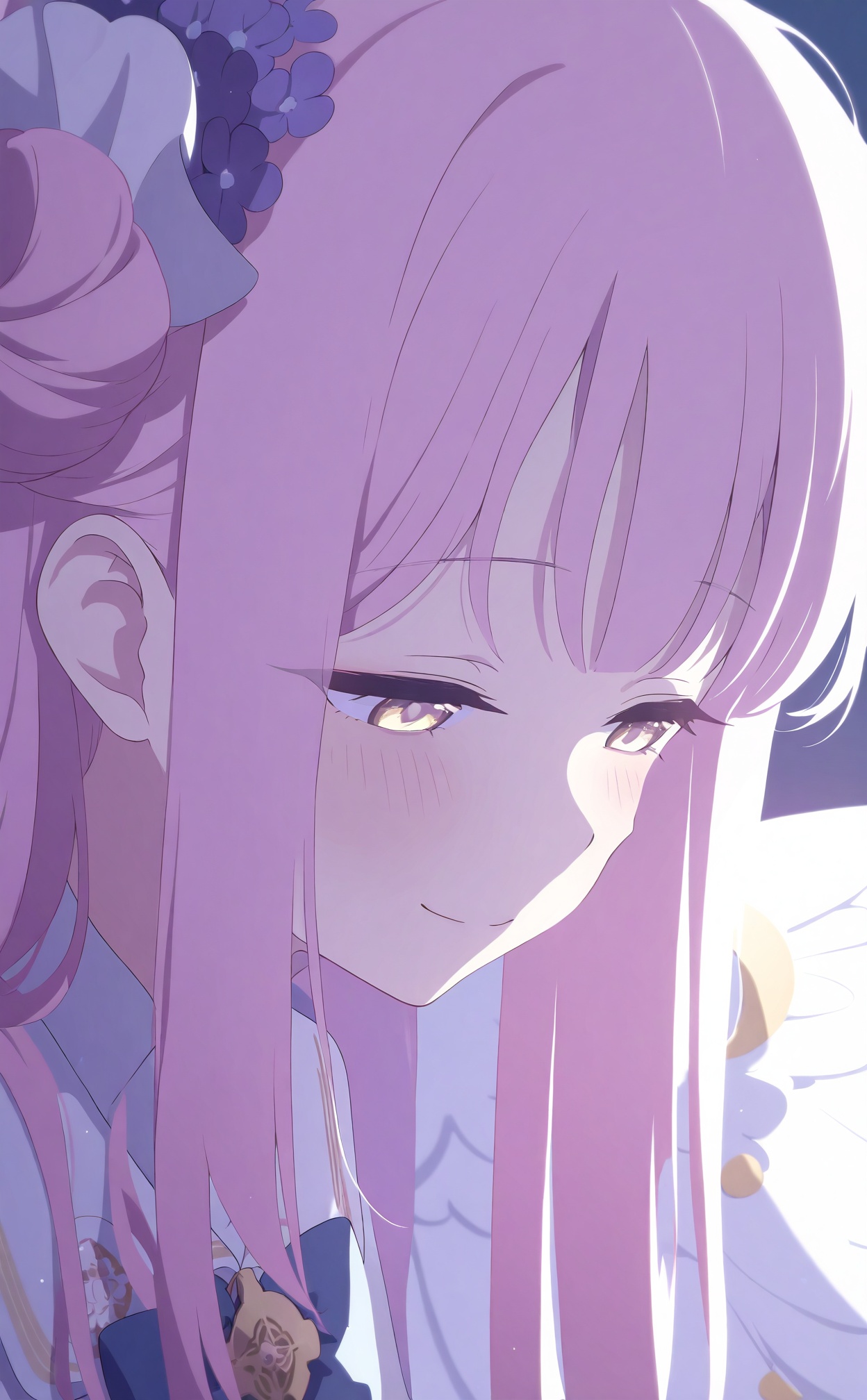 //,1girl,mika (blue archive),solo,pink hair,single side bun,hair bun,long hair,yellow eyes,smile,hair ornament,wings,hair flower,flower,white capelet,white wings,portrait,closed mouth,capelet,purple flower,white dress,dress,half-closed eyes,angel wings,blush,blurry,looking down,feathered wings,//,<lora:ba——【CKXL】hans:1>,